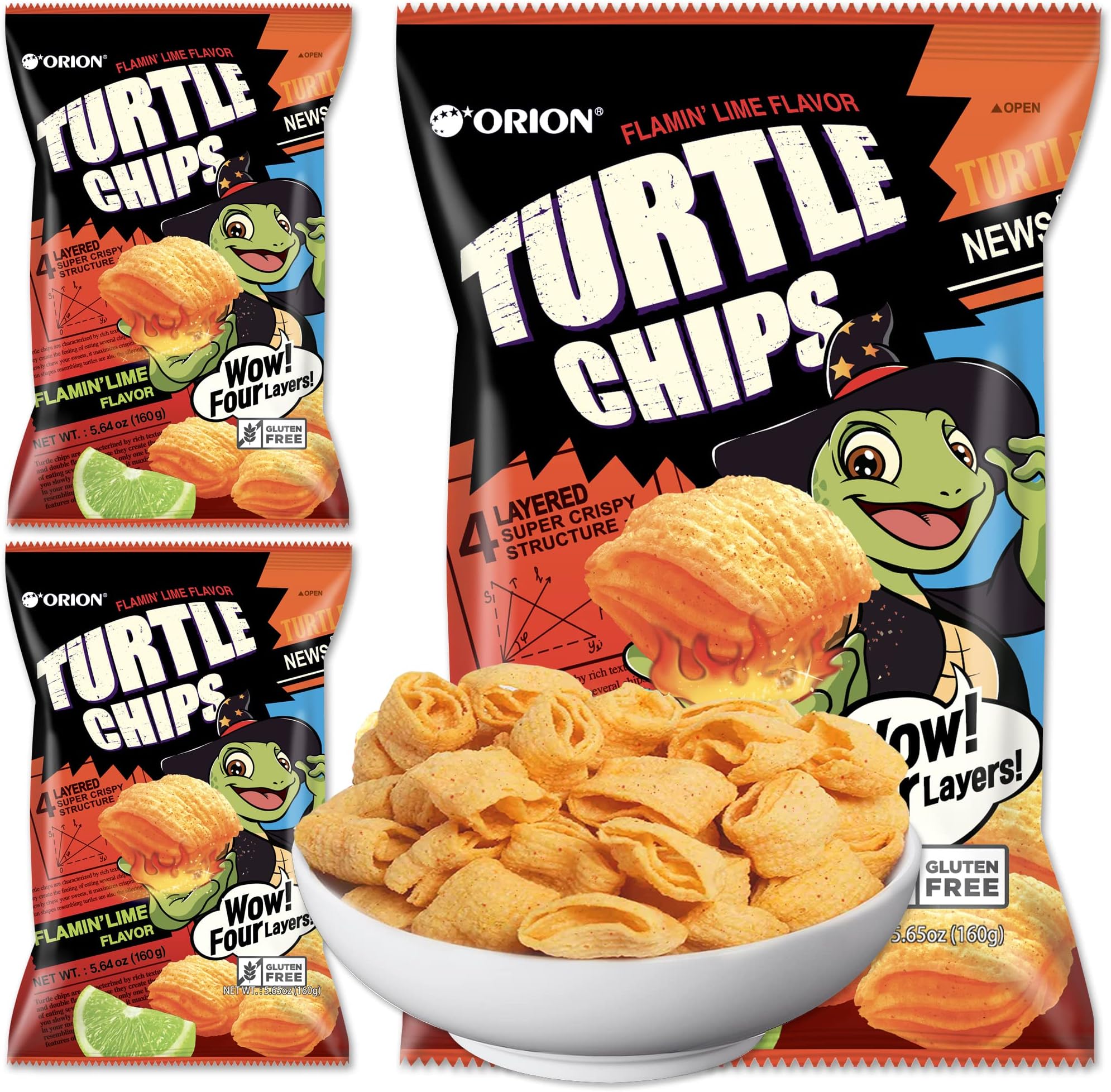 Orion Turtle Chips – Large 3 x 160-gram Flamin' Lime Flavor Korean Chips – Big Bag, Party Size Tasty, Crispy Korean Corn Snacks - Bite-Sized, On-The-Go Korean Corn Snack for Family
