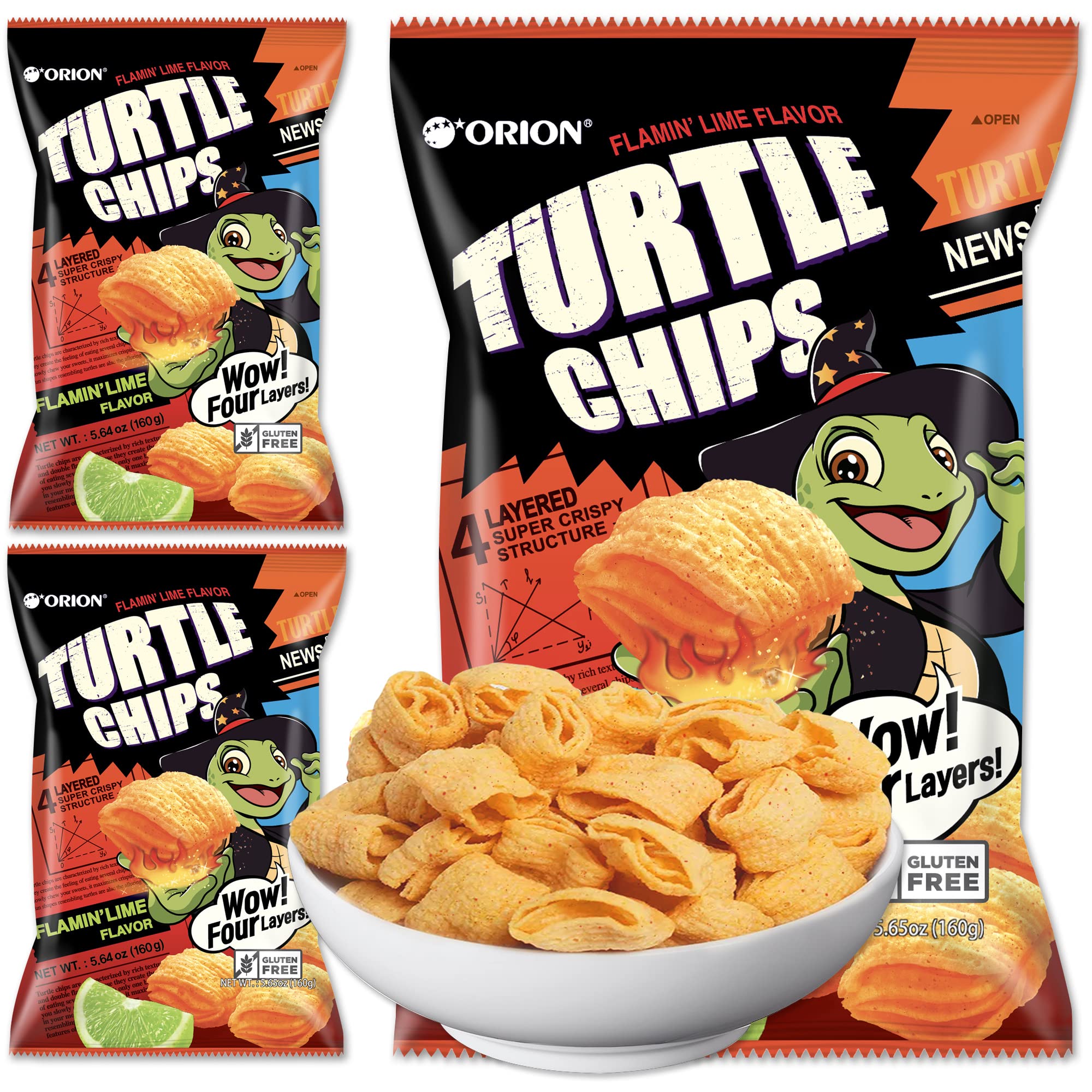 Orion Turtle Chips – Large 3 x 160-gram Flamin' Lime Flavor Korean Chips – Big Bag, Party Size Tasty, Crispy Korean Corn Snacks - Bite-Sized, On-The-Go Korean Corn Snack for Family