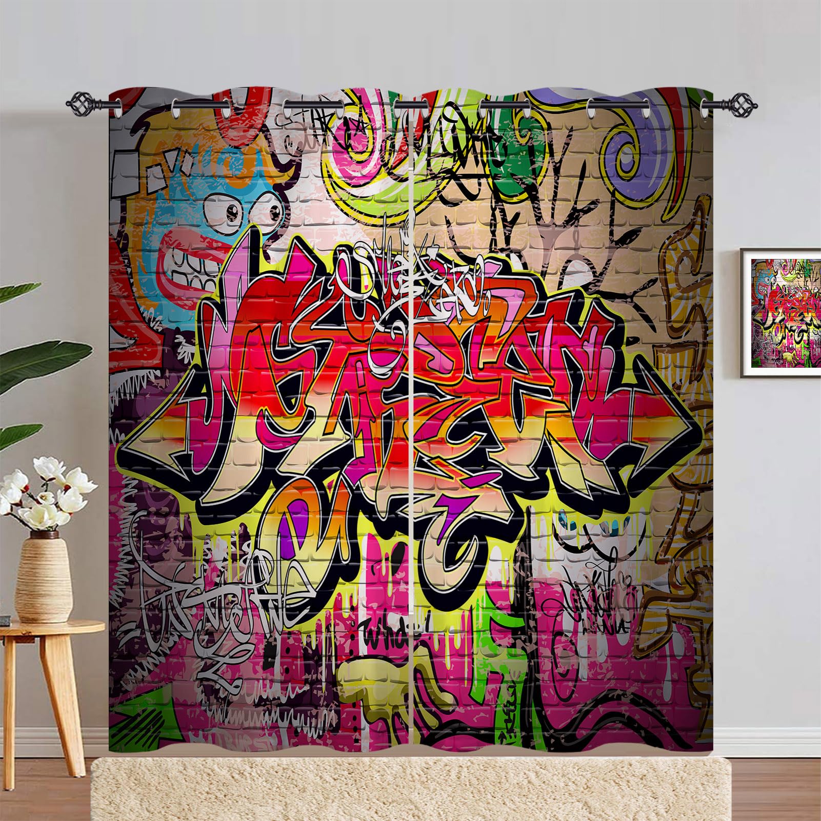 ANHOPE Urban Graffiti Blackout Eyelet Curtains 2 Panels W 55" x L 72"