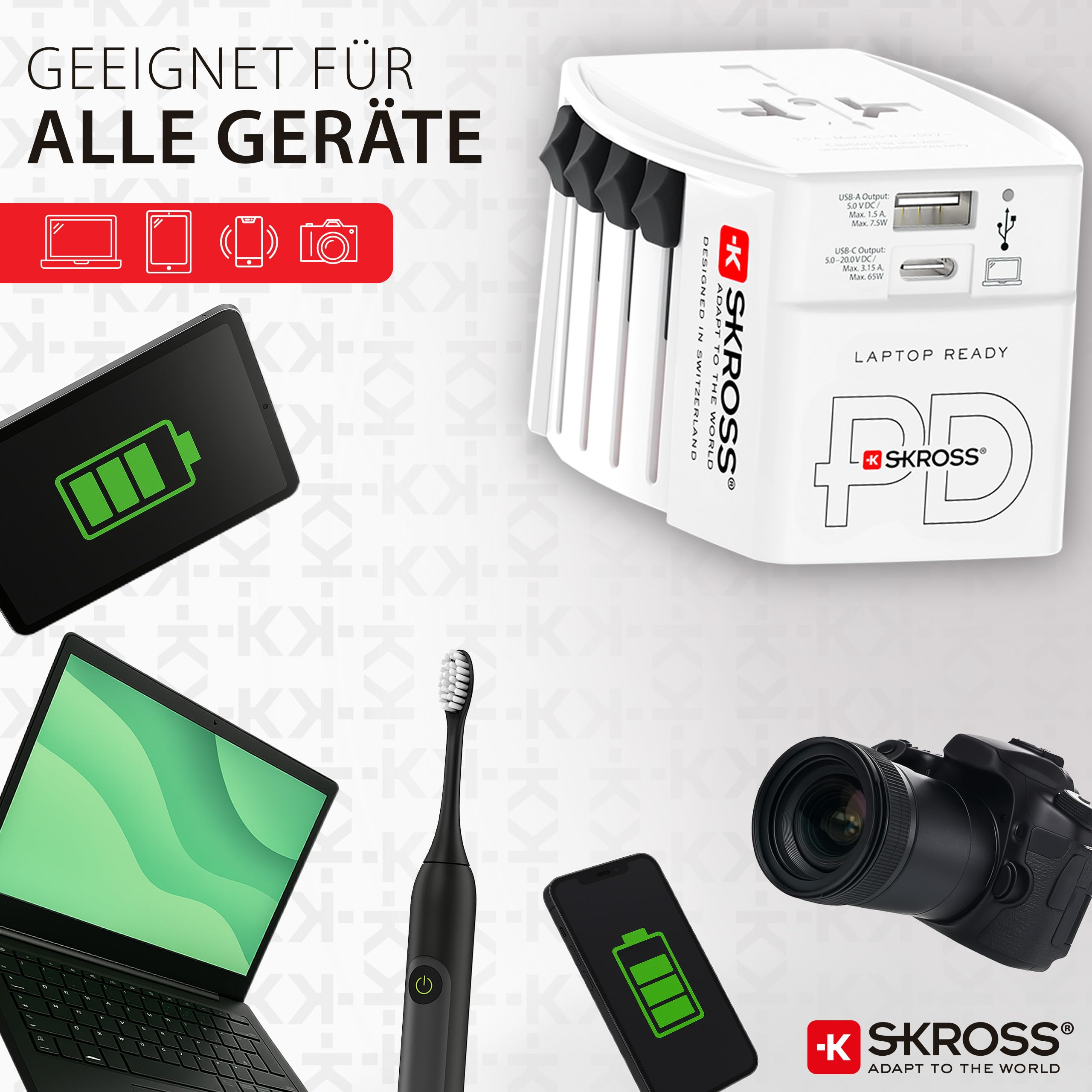 SKROSS -MUV USB AC65PD z kablem USB-C (160 cm) – 2-biegunowy uniwersalny adapter podróżny + 1 x USB C i 1 x USB 65 W – napięcie i moc: 100 V – 250 W/250 V – 625 W do laptopów, tabletów i smartfonów