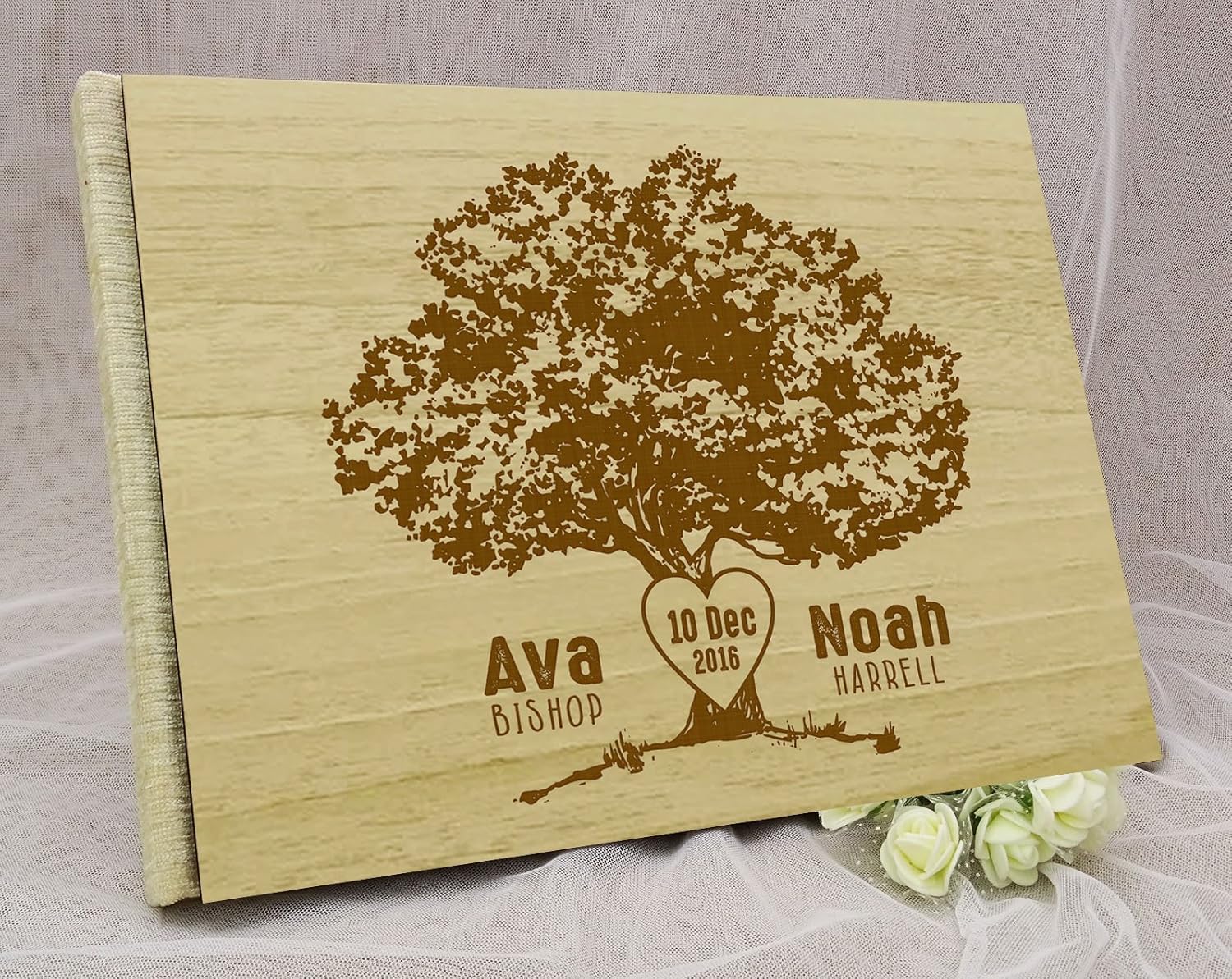 Custom Rustic Wedding Guest Book Wood Engraved Tree Design Bride & Groom Advice Guestbook - 50 Pages