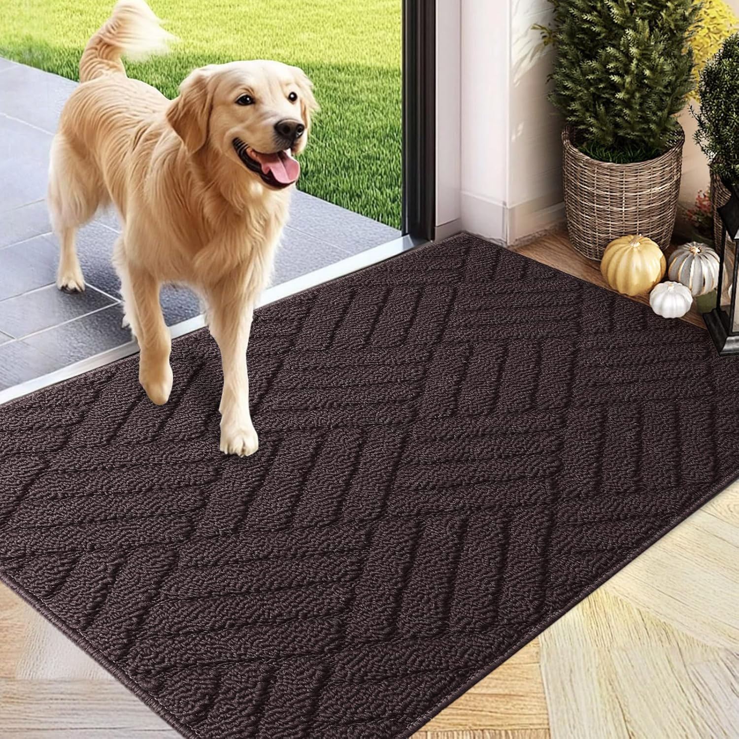 PLEASOR Door Mat for Front Door Entrance, Dirt Trapper Washable Welcome Mat Outdoor Indoor, Non-Slip Waterproof Doormat for Outside/Inside Use, Low Profile Entryway Rug, 20"x32", Coffee Coffee 2'8" x 1'8" (Rectangular)