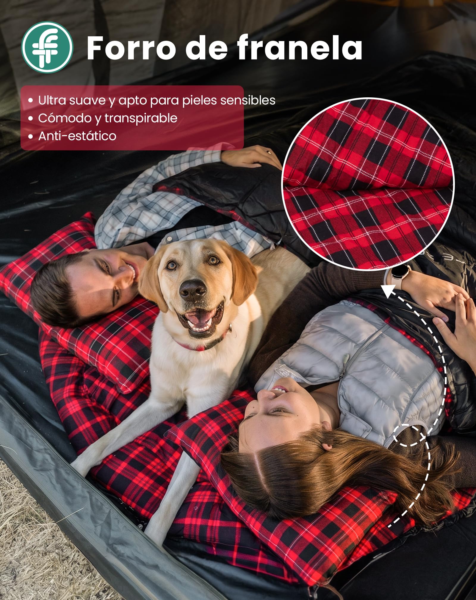 KingCamp Saco de Dormir Doble de Franela de algodón para 2 Personas - Abrigado para Invierno, 3-4 Estaciones, Incluye 2 Almohadas - Ideal para Camping, Viajes y Actividades al Aire Libre