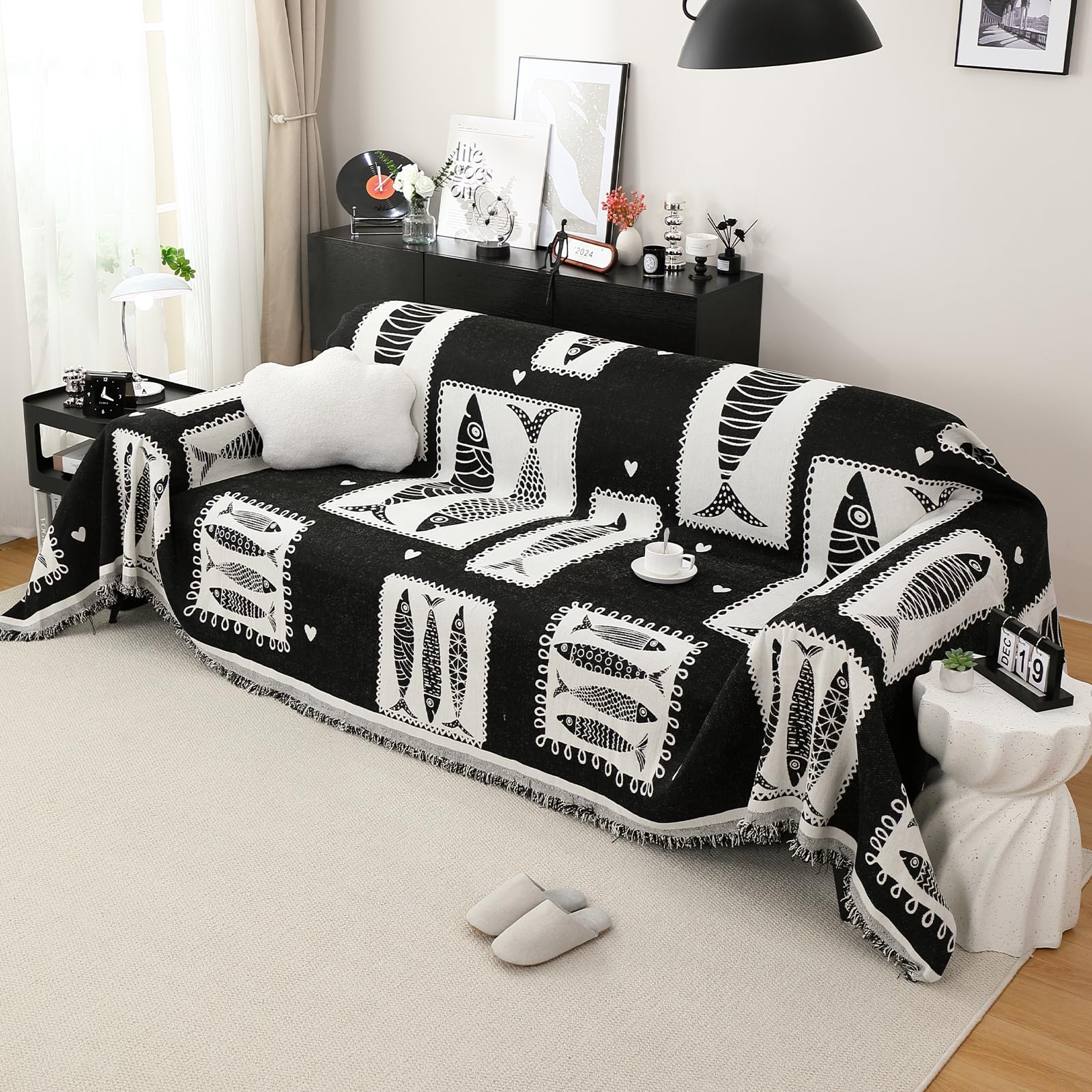DREAMINGO Black Couch Cover Fish Jacquard Chenille Sofa Covers for 3 Cushion Couch Reversible Vintage Couch Cover Blanket Multi-Use Sectional Sofa Slipcovers for Dogs Pet Washable, 71"x134" โ image 1