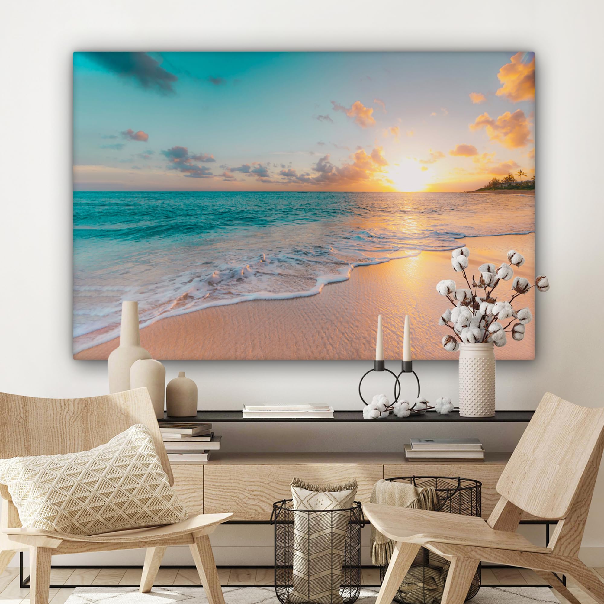 MuchoWow© Impressions sur Toile 120x80 cm Deco Tableau Murale Decoration Salon Peinture Tableaux Chambre Toiles Maison Coucher de soleil - Plage - Mer - Été - Bleu