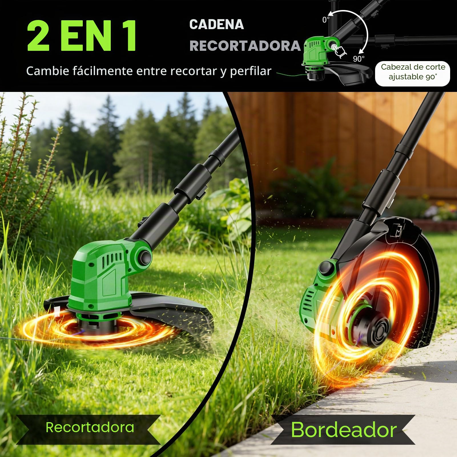Desbrozadora Bateria con Ruedas,36CM Desbrozadora Electrica con 2 * 3.0 Ah Baterías,800W Motor sin Escobillas,4-in-1 Cortadora de Césped con 8 Bobinas de Repuesto para Jardín y Césped