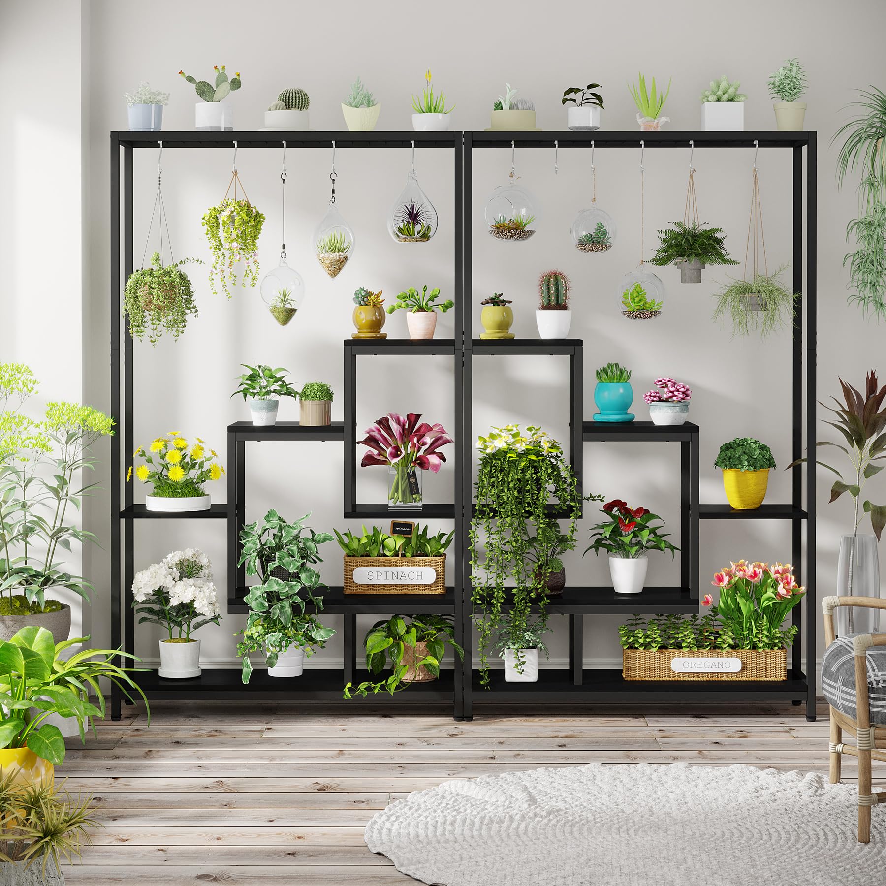 Tribesigns Support pour plantes d'intérieur à 5 niveaux - Grande étagère en métal de 180,1 cm avec 10 crochets de suspension en S - Multifonction - Pour intérieur, jardin, balcon, salon - Noir