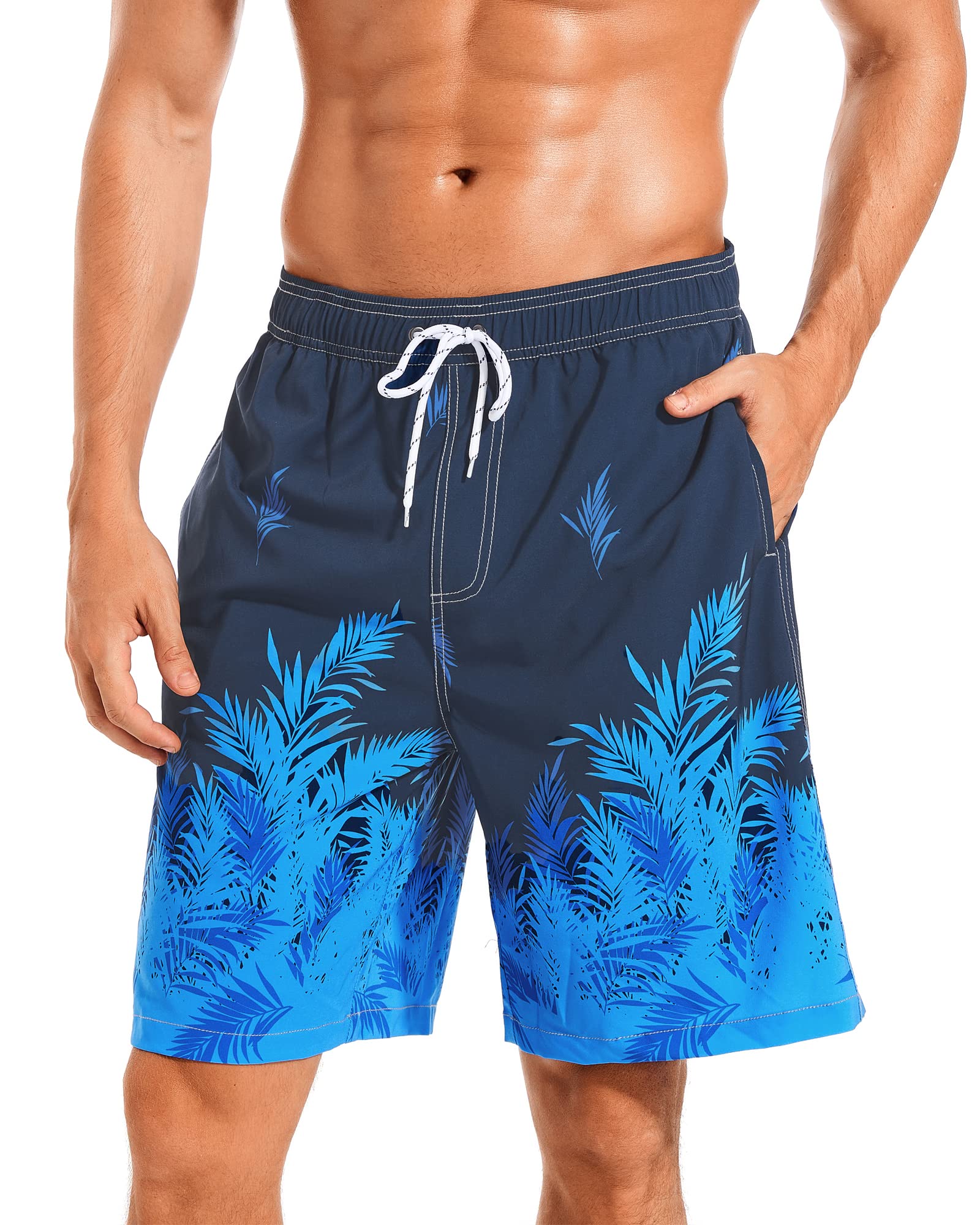 SILKWORLD Mens Swimming Trunks Quick Dry Bathing Suits Swim Shorts with Mesh Lining and Pockets (Blue Leaves, Small)