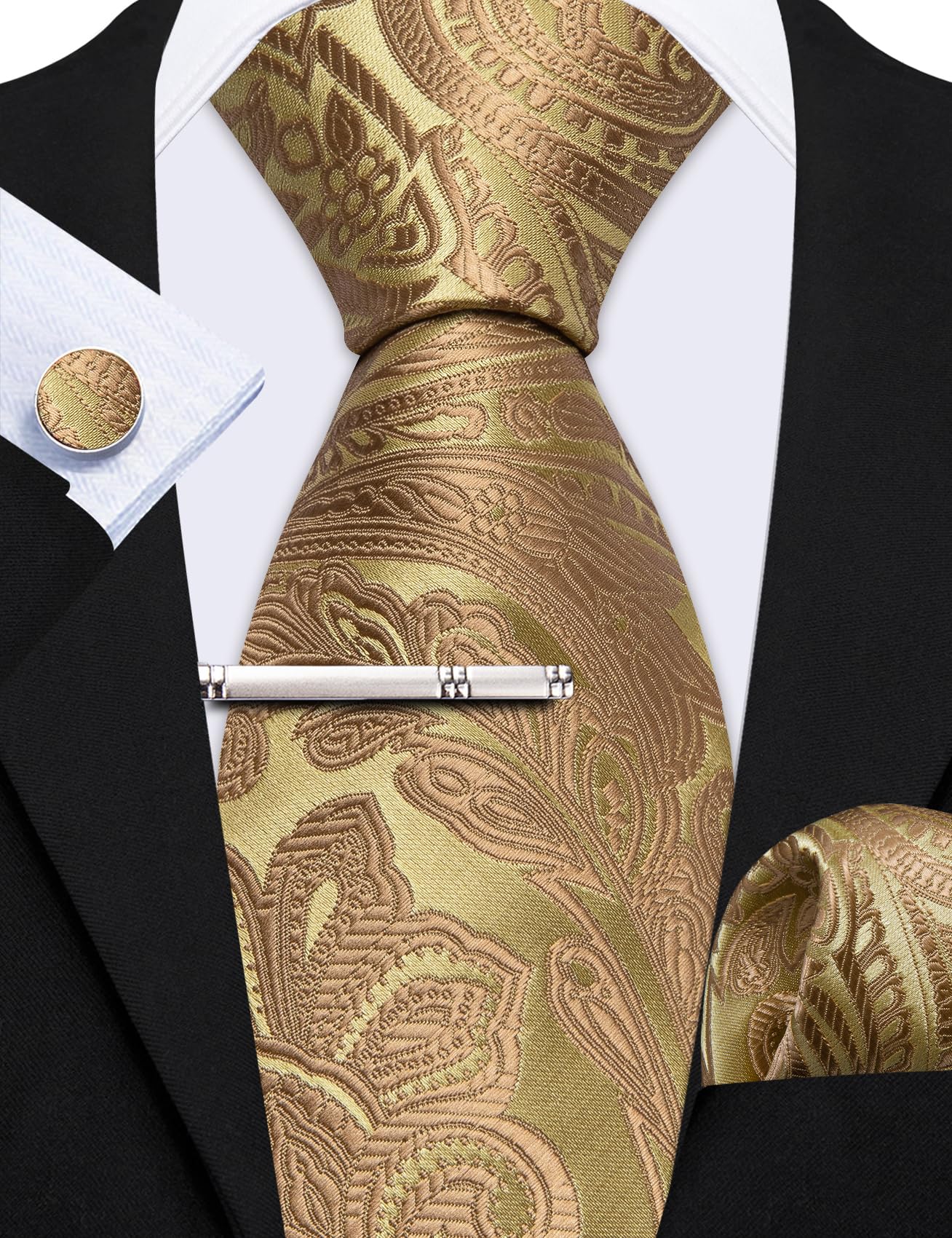 Barry.Wang - Kit composé de 3 pièces - Cravate en soie au motif Paisley - Pochette et boutons de manchette