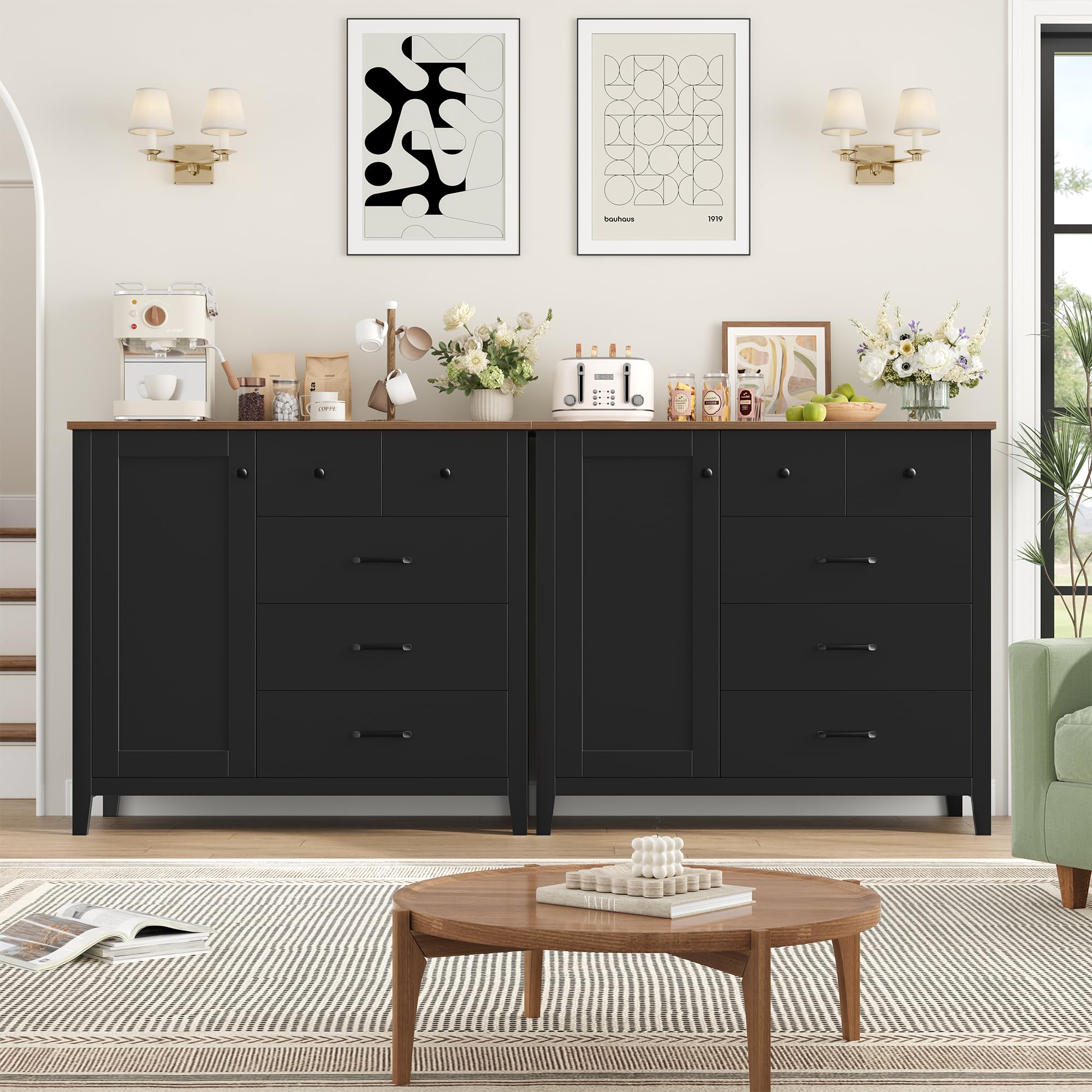 HOCSOK Aparador Cocina Negro con 5 Cajones y 1 Puerta, Aparadores | Estantes ajustables, Mueble Auxiliar de Almacenaje Moderno con Amplia Encimera, Ideal para Cocina, Comedor y Salón