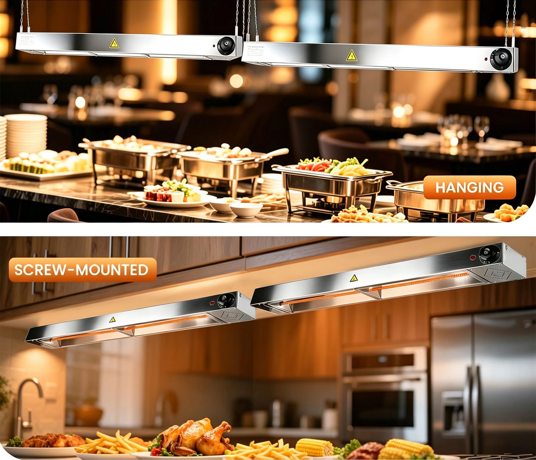 Wärmelampe Küche Gastro, Edelstahl Hängend Wärmelampe für Speisen (90cm) | Speisenwärmer Lampe mit Drehknopf-Temperaturregelung für Buffets und Hotels, Einstellbare Temperatur 30-85℃