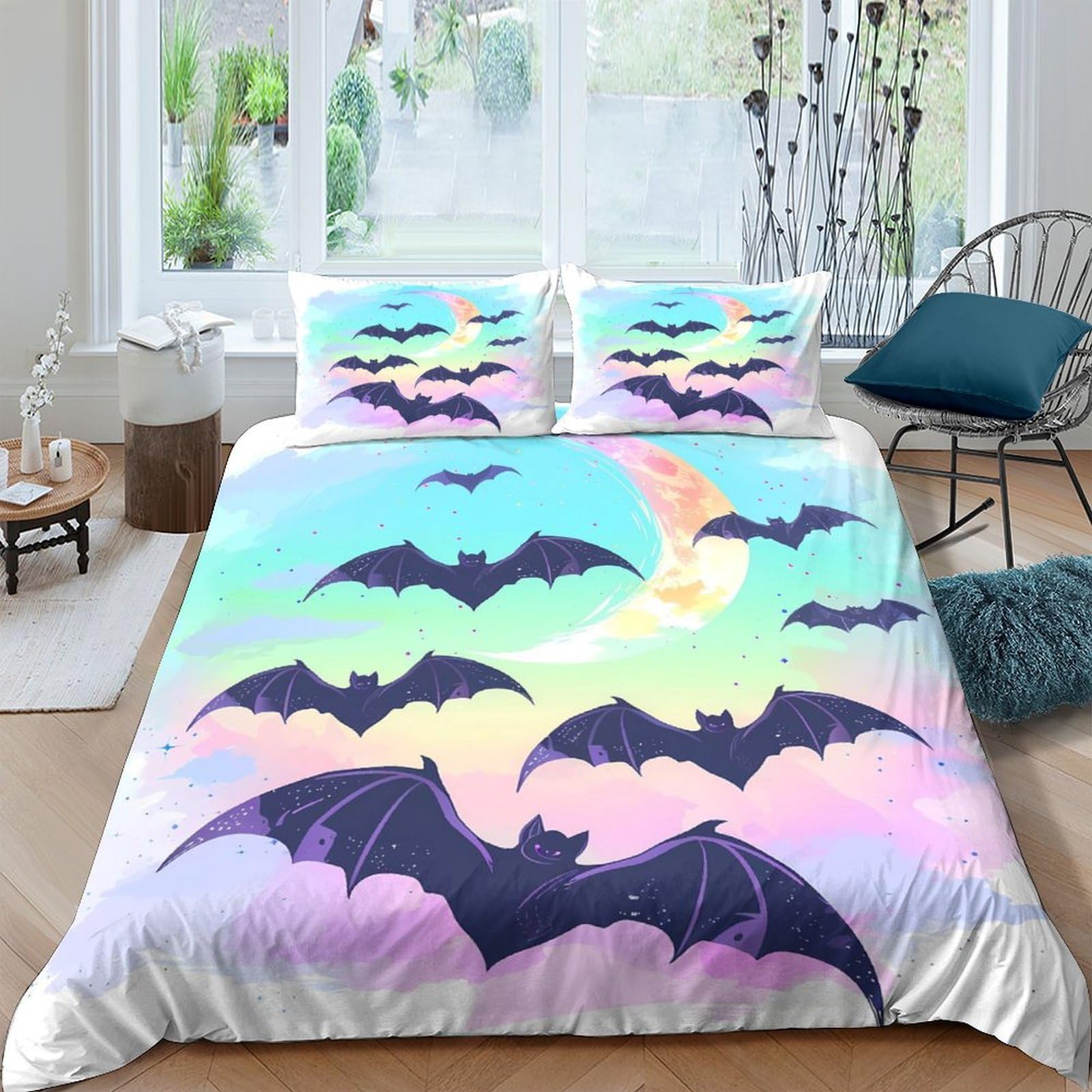 Ctjqhvkz Style-1 3D Printed Pastel Bat Fitted Sheet Microfiber Soft Moon Sky Mattress Cover For Bedroom Dorm Decorative, Easy Care Single（135X200cm）