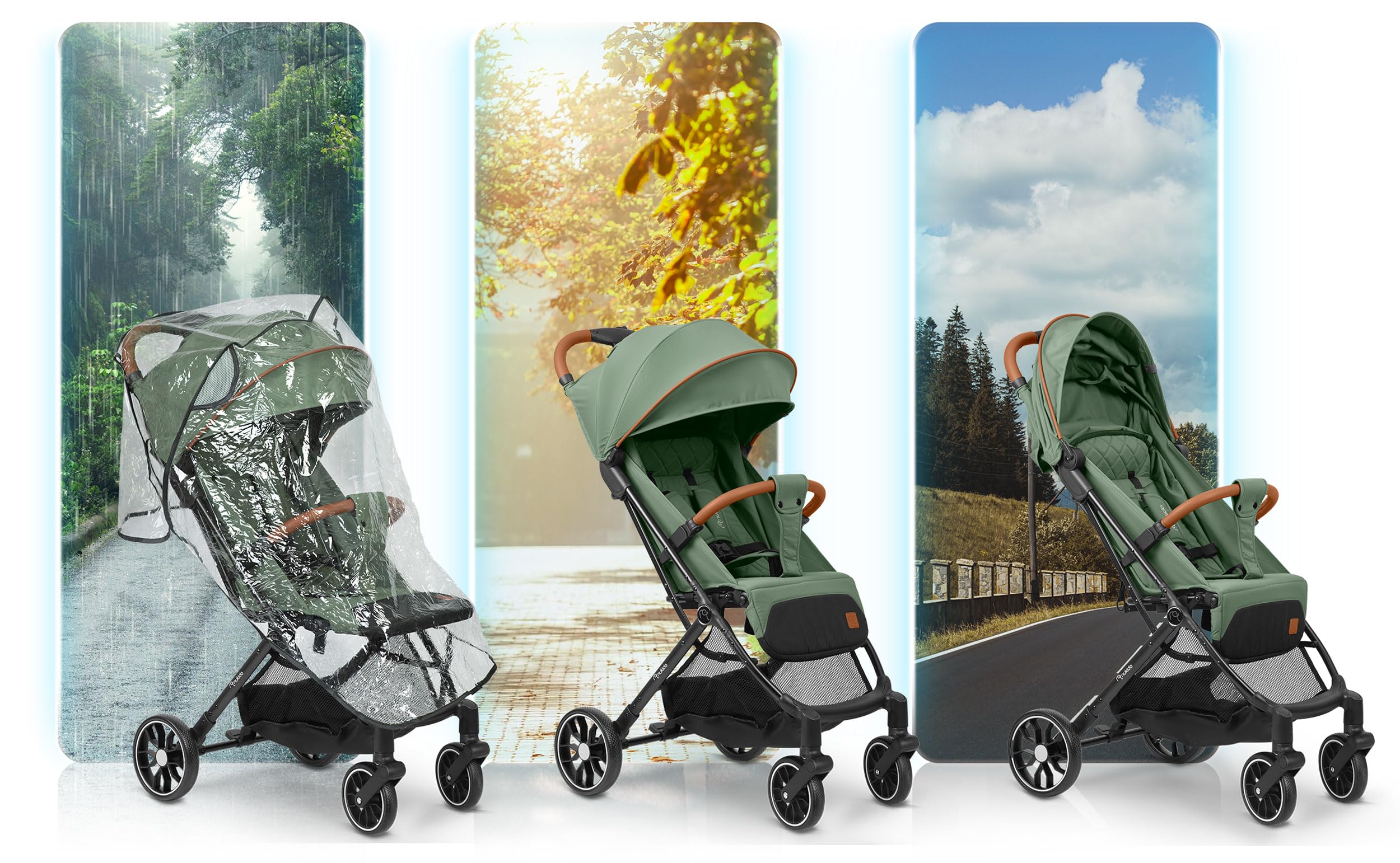 Nukido Poussette Canne Pour Bébé 0-36 Mois 0-15 kg Pliage Automatique En 2 Secondes Roues Avant À 360° Amorties Grandes Roues Arrière Tout-Terrain Vert Paseo