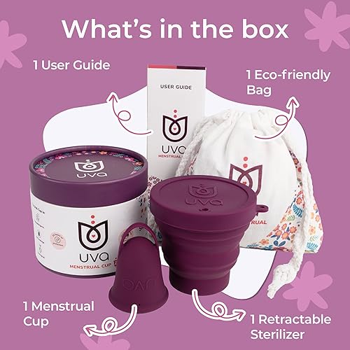 Miniatura 9 de UVA Kit de copa menstrual tamaño B  Juego de tazas de periodo reutilizable de flujo pesado  Copa de silicona suave a prueba de fugas, esterilizador