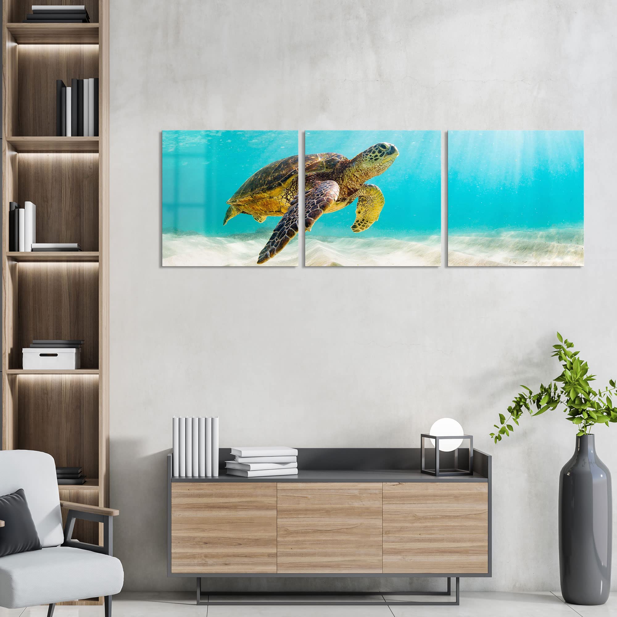 DEQORI Glasbilder Echtglas | Motiv Schildkröte unter Wasser | horizontal 3-teilig 150x50 cm | große XXL Deko | Wandbilder für Wohnzimmer, Schlafzimmer, Flur & Küche | moderne Wanddeko