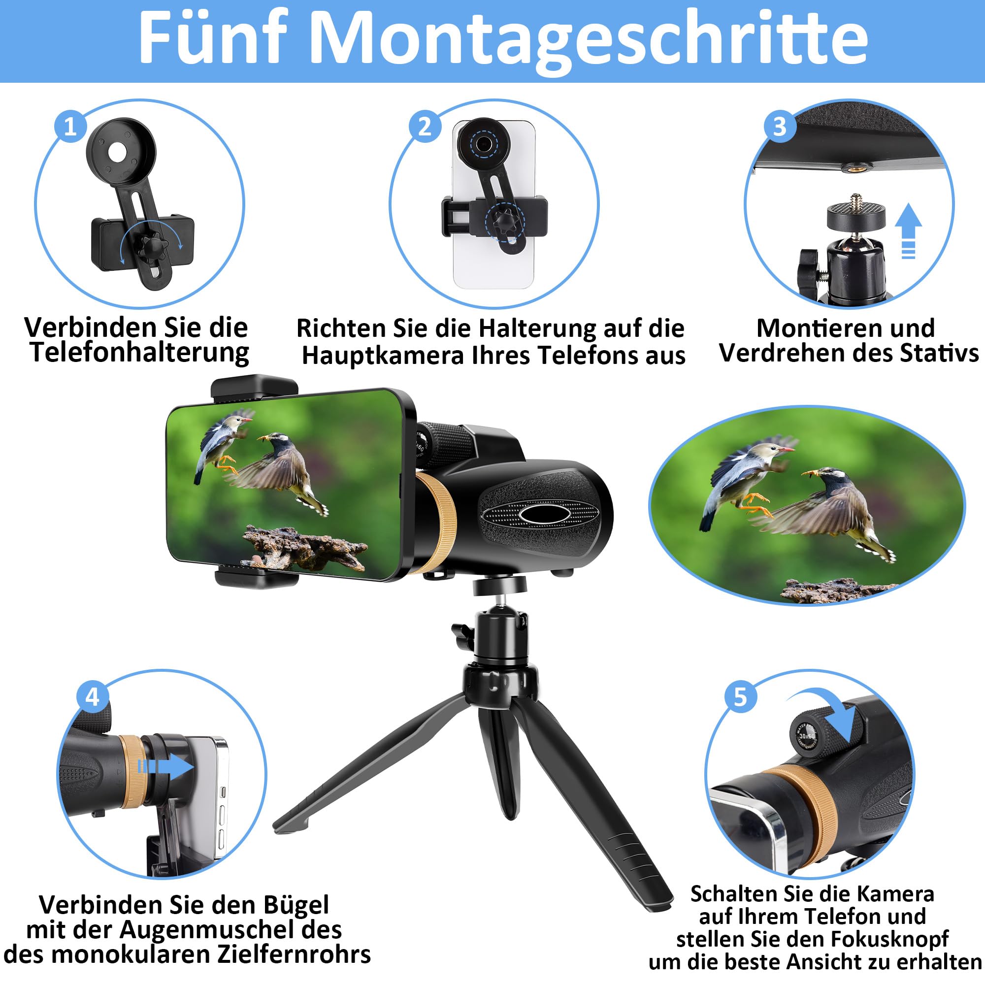 Monokular Teleskop 30X60 HD Monokular Fernrohr Erwachsene - Dark Black