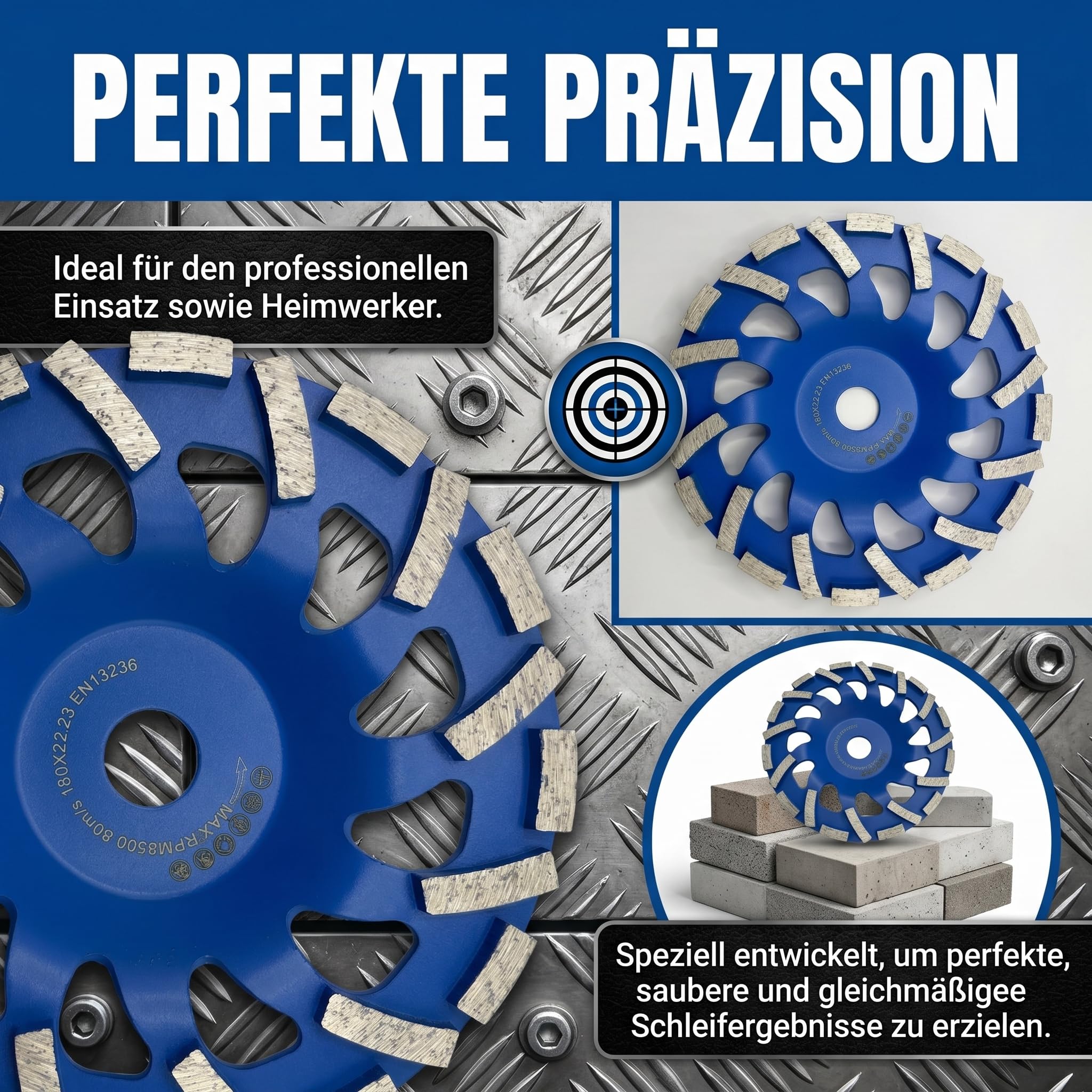 Diamant Schleiftopf 180mm × 22,23mm, Beton Schleifscheibe für Schleifarbeiten mit Beton und harten Baustoffen Granit Naturstein Estrich Putz Marmor (Blau, 180mm)