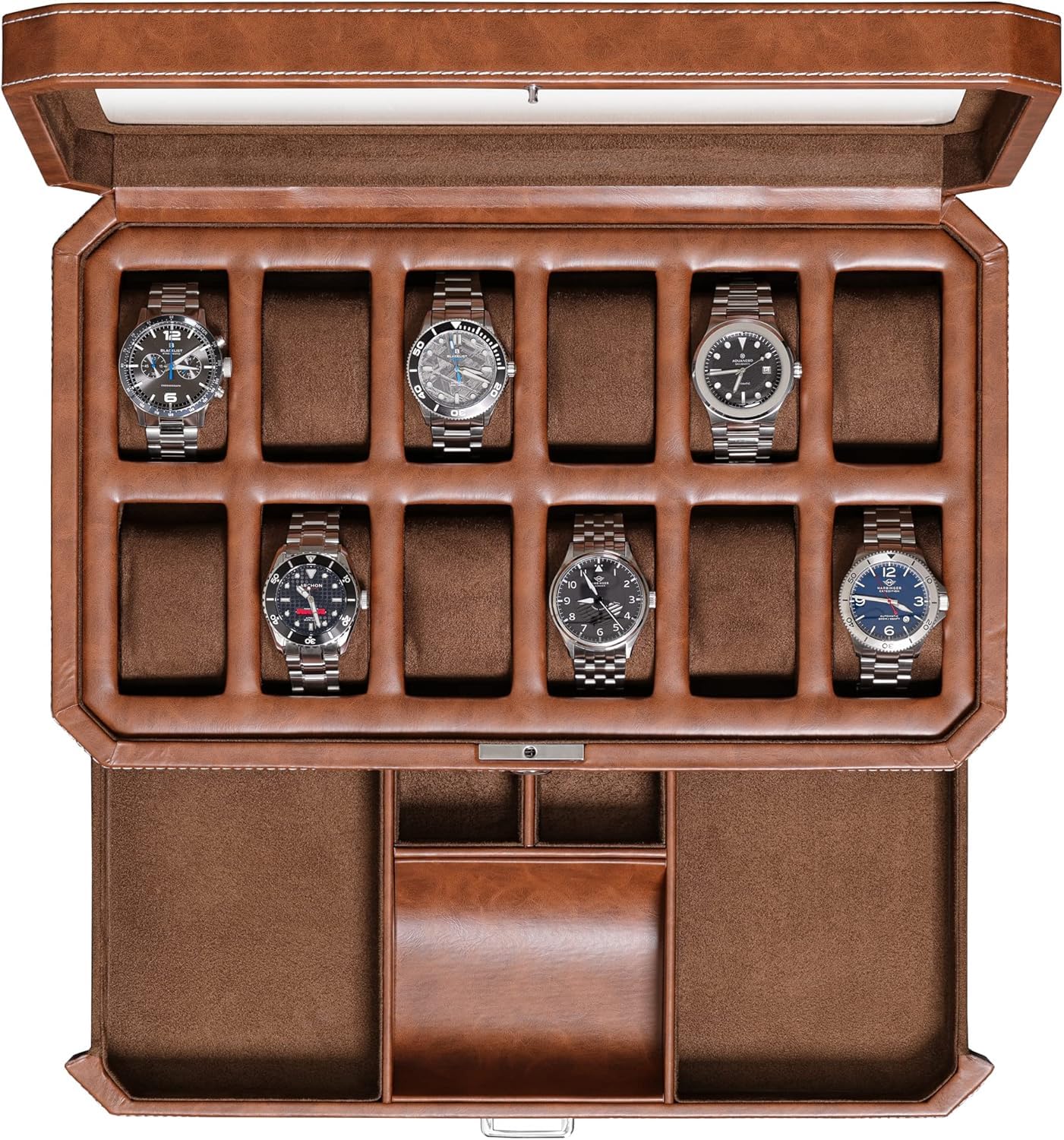 Photo 1 of ROTHWELL 12 Slot Leather Watch Box with Valet Drawer - 12 Slot Luxury Watch Case Display Organizer, Microsuede Liner, Mens Accessories Holder, Jewelry Case, Jewelry Display Organizer (Tan/Brown)