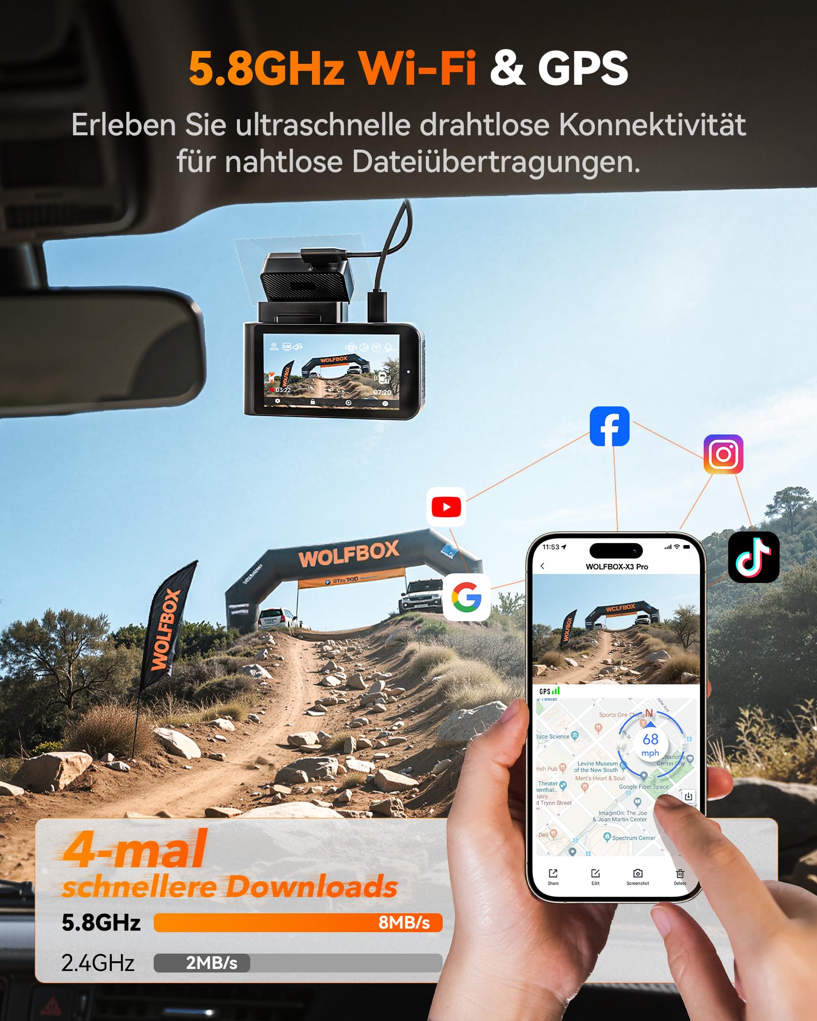 WOLFBOX X3 PRO Dashcam Auto, Dual 5MP STARVIS 2 IMX 675, 1440P 60FPS+1440P ADAS Dashcam Auto Vorne Hinten, Bildstabilisierung mit 5.8GHz WiFi, Sprachsteuerung & Touchscreen, 64GB Karte & GPS Inklusive