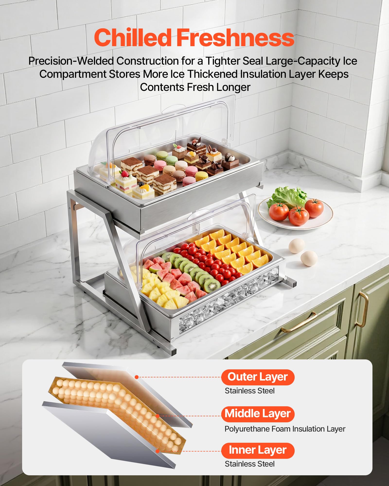 VEVOR Vetrina Espositiva per Alimenti, Vetrina 2 Ripiani per Buffet Dolci 2 Contenitori GN in Acciaio Inox Coperchio Avvolgibile Trasparente, Espositore per Buffet da Ristoranti Hotel Catering Feste