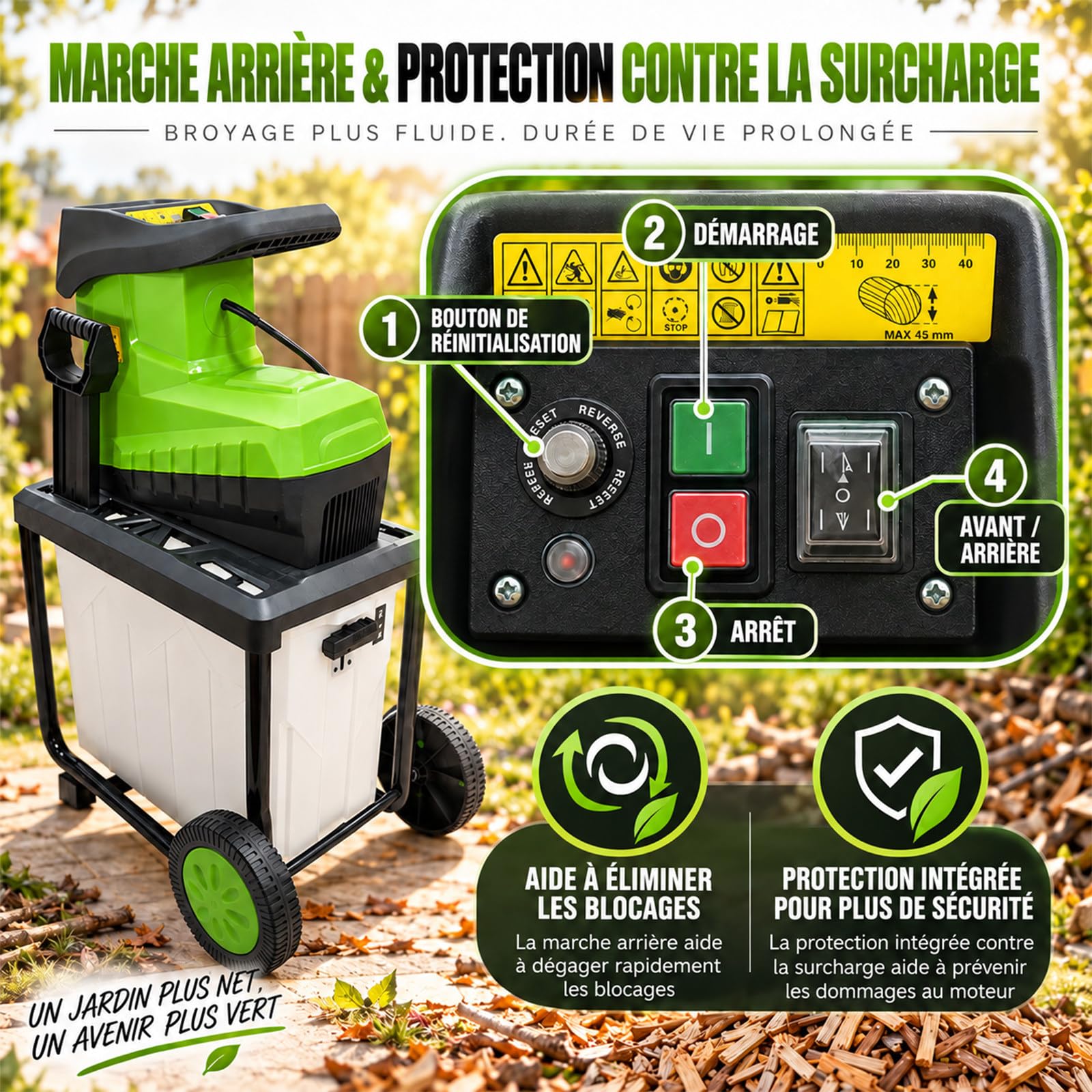 Broyeur À Rouleau 2800W pour Branches Jusqu’À 45mm