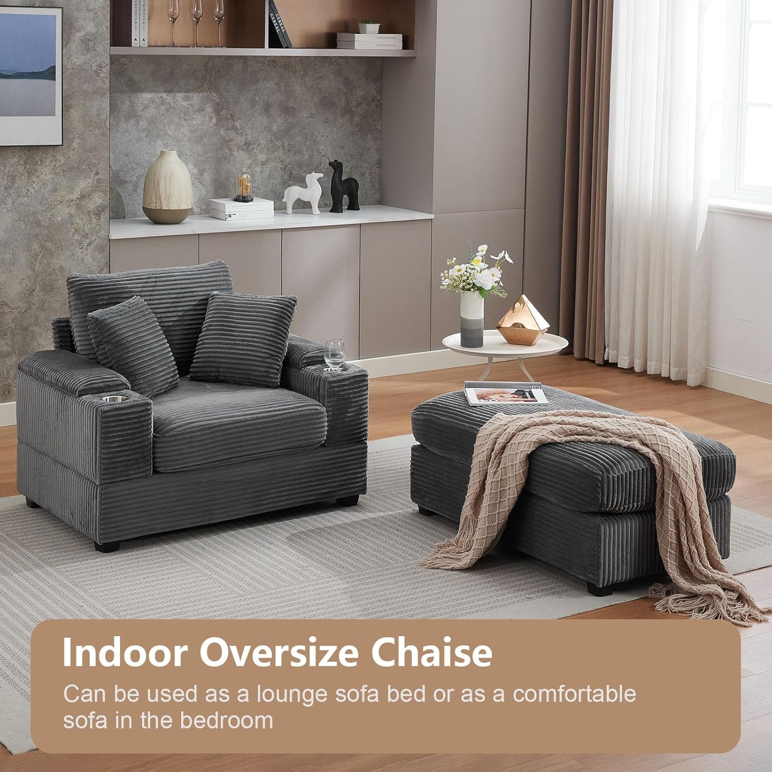 LUCKHAO 42.12" Oversized Chair with Ottoman,Chaise Lounge Chair Indoor with Ottoman & Storage,Comfy Corduroy Reading Chairs with Cup Holder for Bedroom & Living Room (Grey)