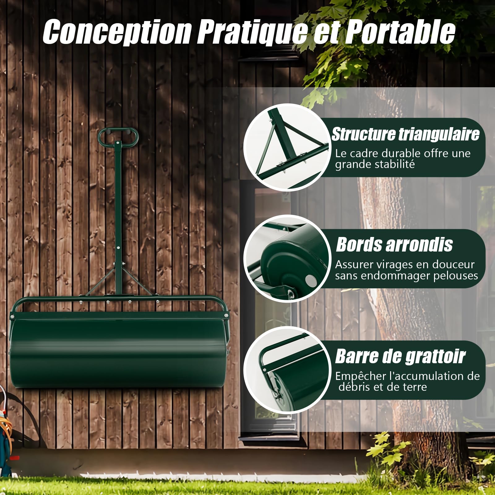 RELAX4LIFE Rouleau à Gazon de Jardin avec Poignée Volume 63L - Ø30 CM, Hauteur 137cm Remplissable de Sable/Eau, Construction Stable en Métal, Haute Résistance, pour Jardin, Parc, 99X30X137 CM (Vert)