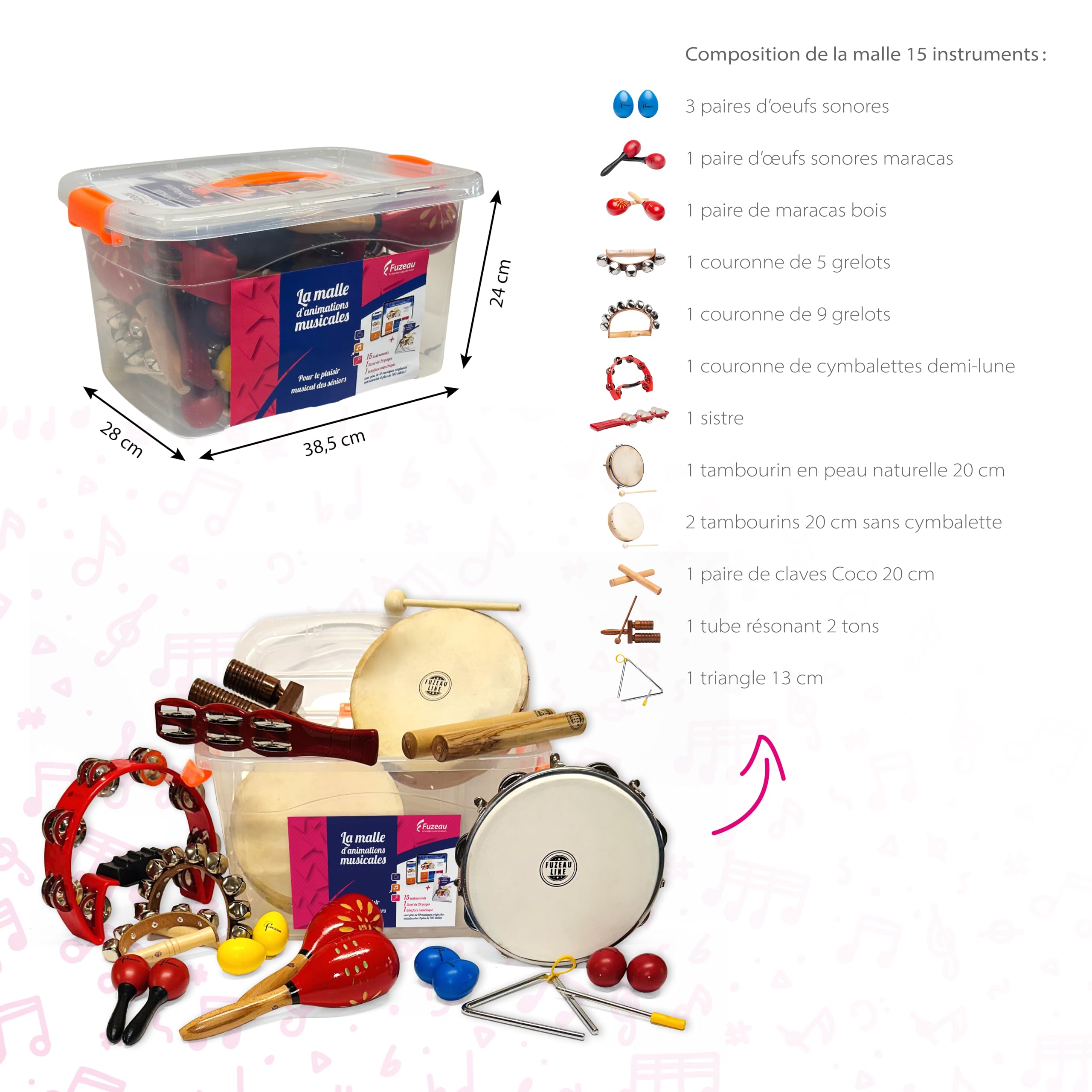 Fuzeau - Kit d’Animations Musicales - 15 Instruments Musique Variés - Livret Pédagogique + Interface Numérique - Idéal pour Ateliers Mémoire et Sensoriels avec les Personnes Âgées - Réf.78472