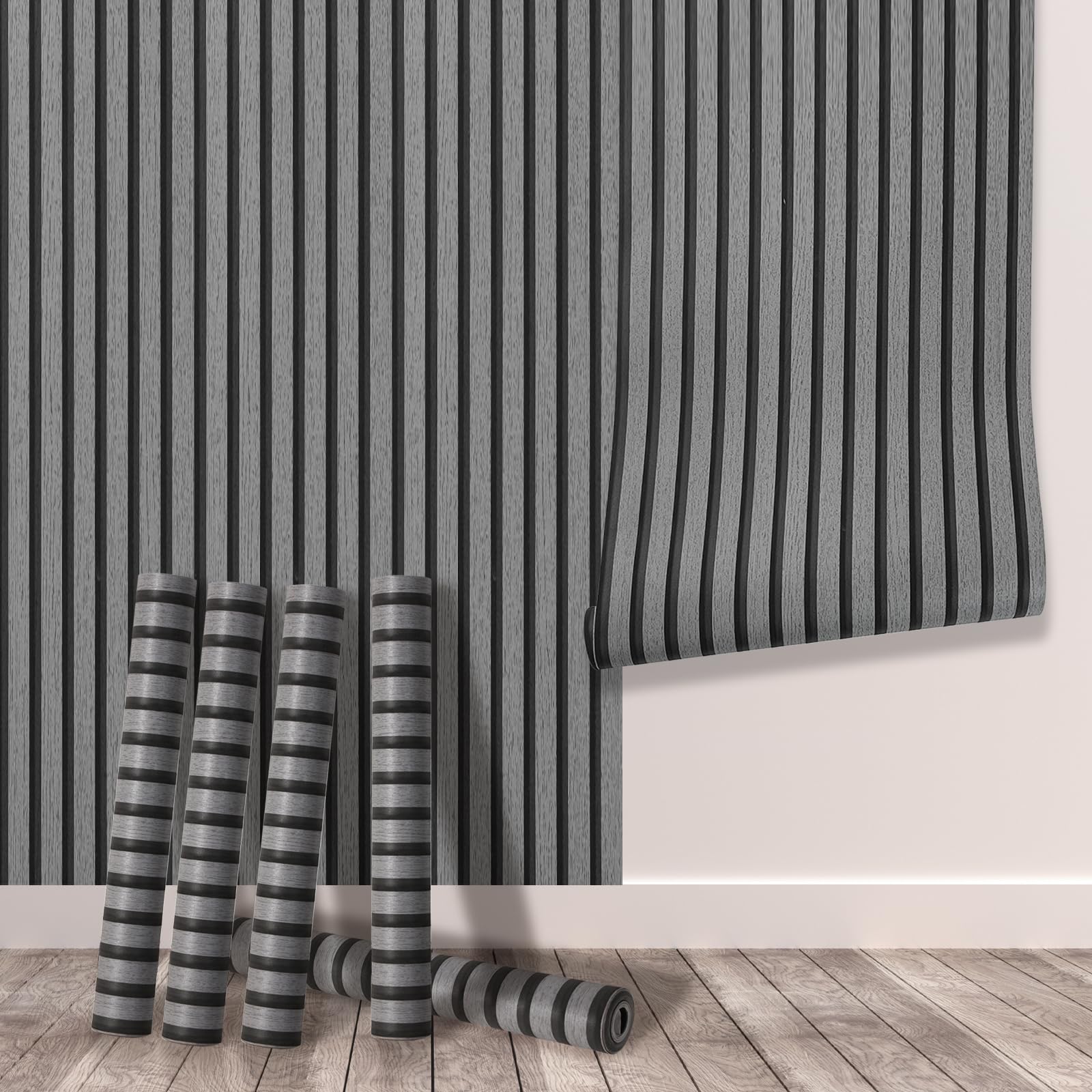 Tarwanear Wood Effect Wallpaper Wood Slat Wallpaper 5 Rolls(25.15m²) Dark Grey Wooden Slat Effect Wall Paper Natural Wooden Slatted Roll for Living Room Bedroom Office Front Desk Feature Wall — image 1