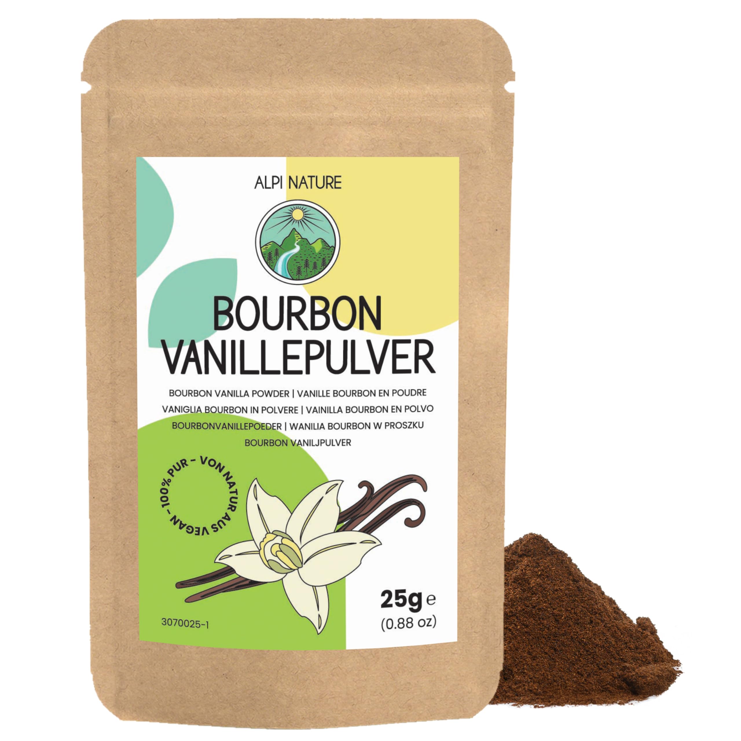 Alpi Nature Bourbon Vanillepulver 25g, Vanilleschoten Madagaskar gemahlen, Bourbon Vanille Pulver Klasse A