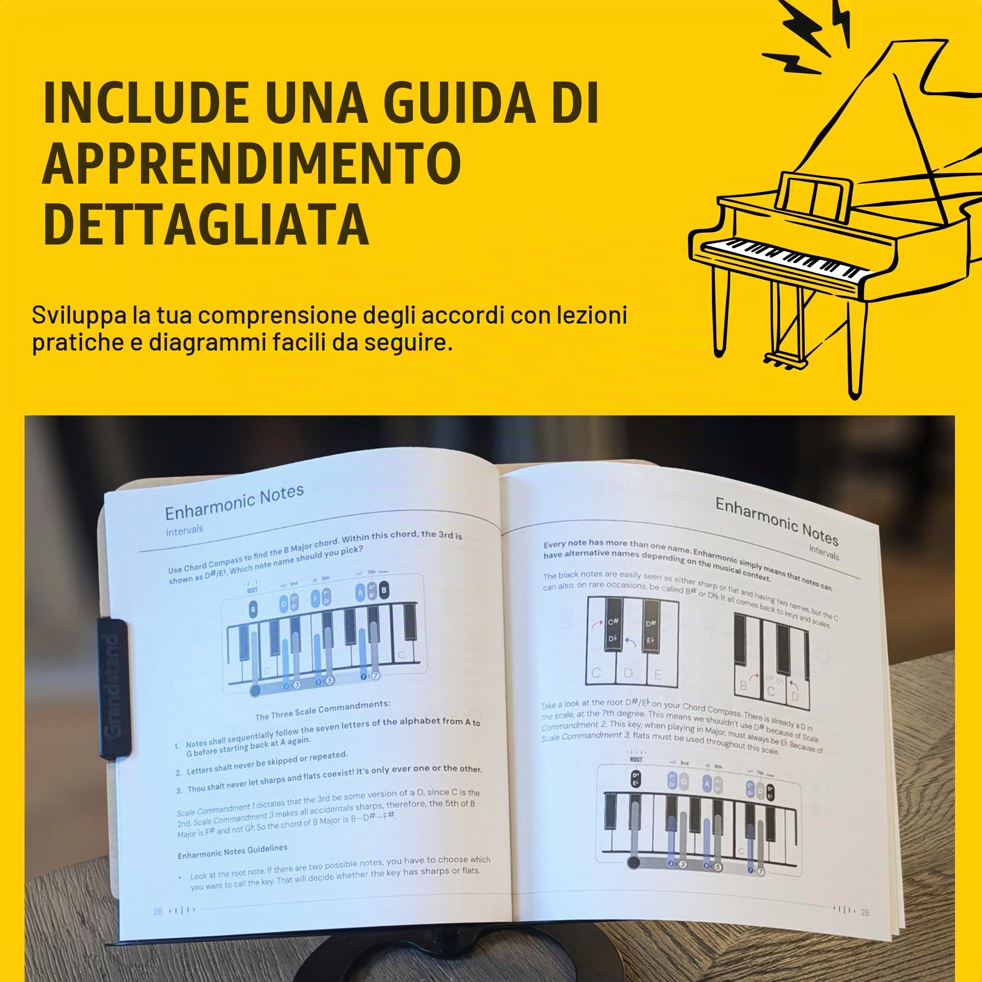 Strumento per l'apprendimento degli accordi di pianoforte, bussola e libro, strumento di apprendimento musicale, comprendere gli accordi sul pianoforte, costruire accordi dalla struttura degli accordi