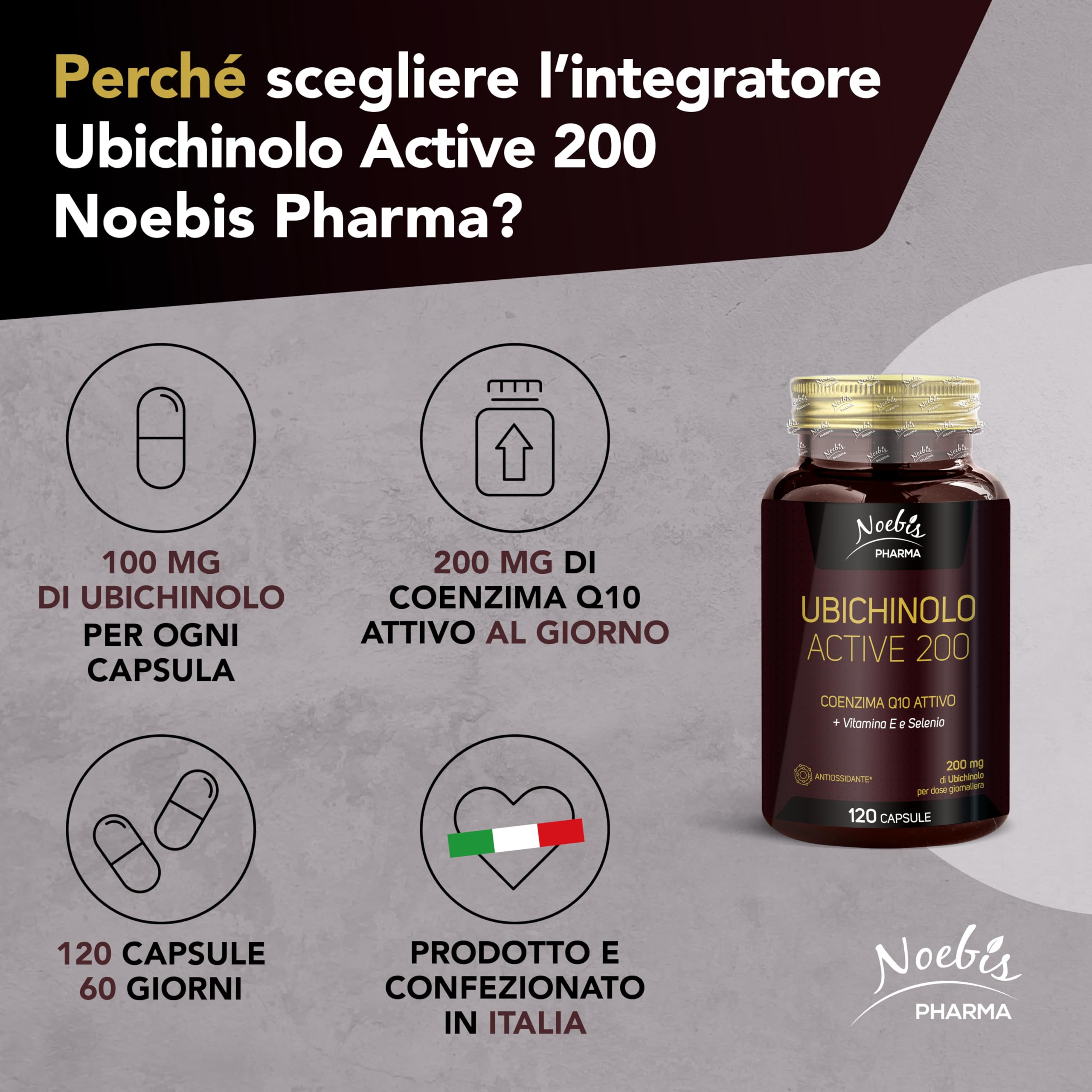 Noebis Pharma Ubiquinolo Active 200 – 720 Capsule (6 x 120) con Vitamina E e Selenio – Coenzima Q10 Attivo – Confezione Sestupla