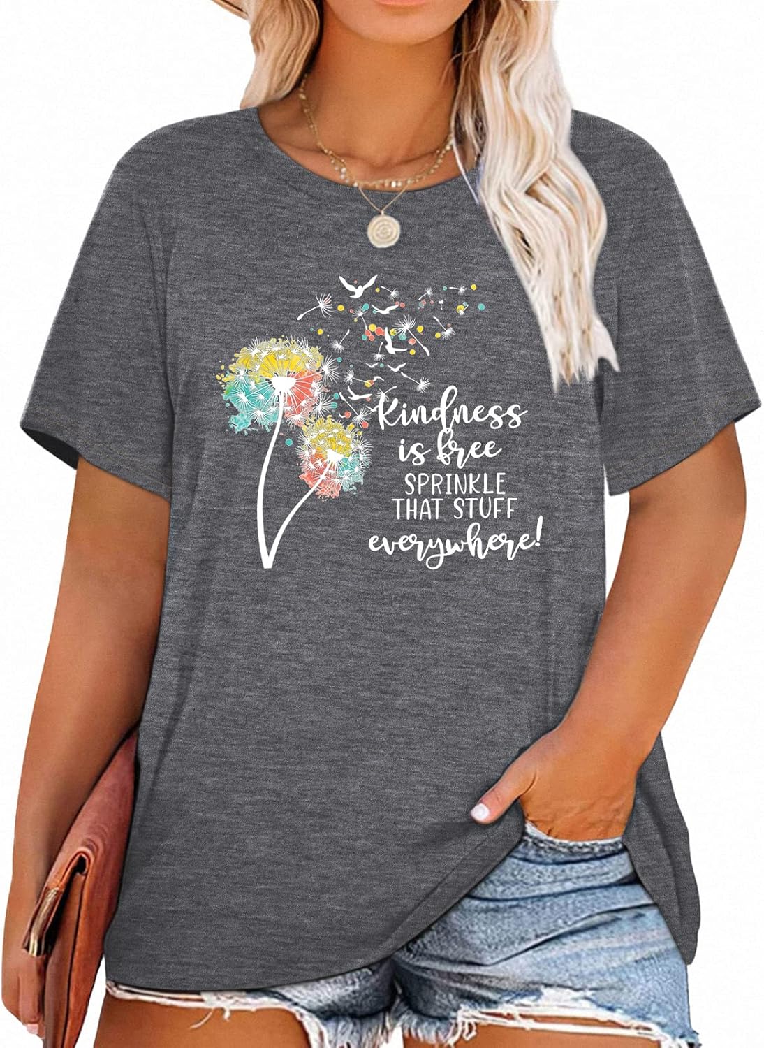 Womens Plus Size Dandelion Print Tshirt Cute Graphic Floral Tees Short Sleeve Summer Blessed Tee Tops
