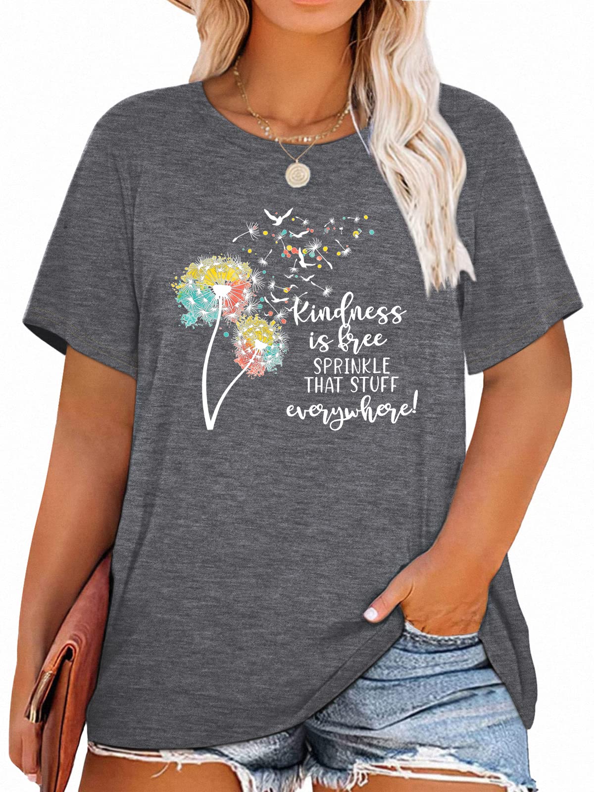 Womens Plus Size Dandelion Print Tshirt Cute Graphic Floral Tees Short Sleeve Summer Blessed Tee Tops