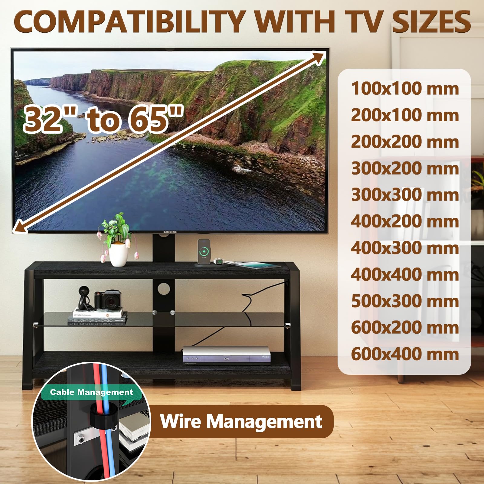 TV Stand with Mount for 32-65 inch TVs, Wood TV Stand with Storage for Bedroom Living Room, Small Entertainment Center with Power Outlet, 3 Shelves, Adjustable Height (Black)