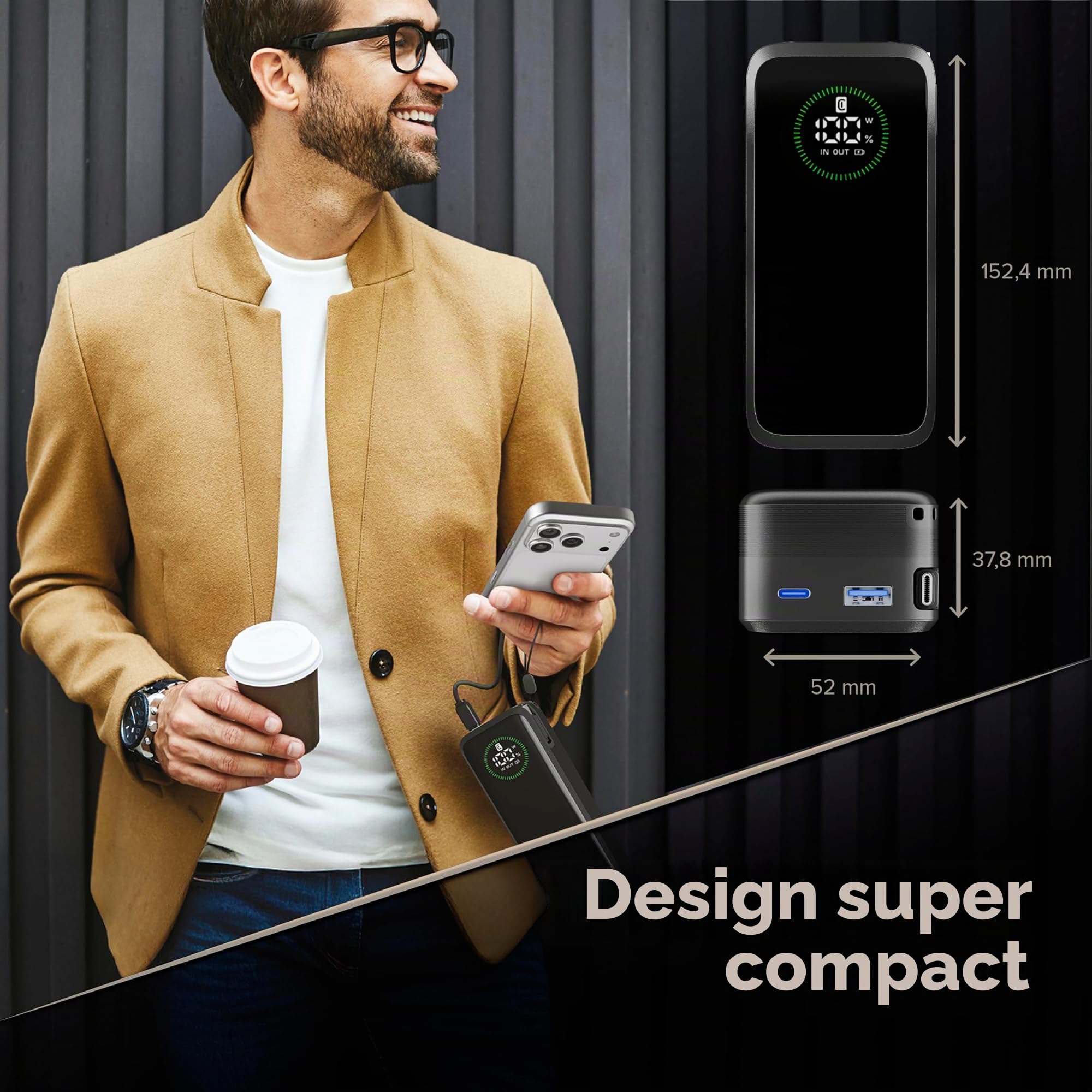 Cellularline Batterie Externe Roller 20 000 mAh avec câble USB-C rétractable 70 cm, Sortie USB-C 65 W et USB-A 22,5 W, écran LCD, Charge de 3 appareils, Noir