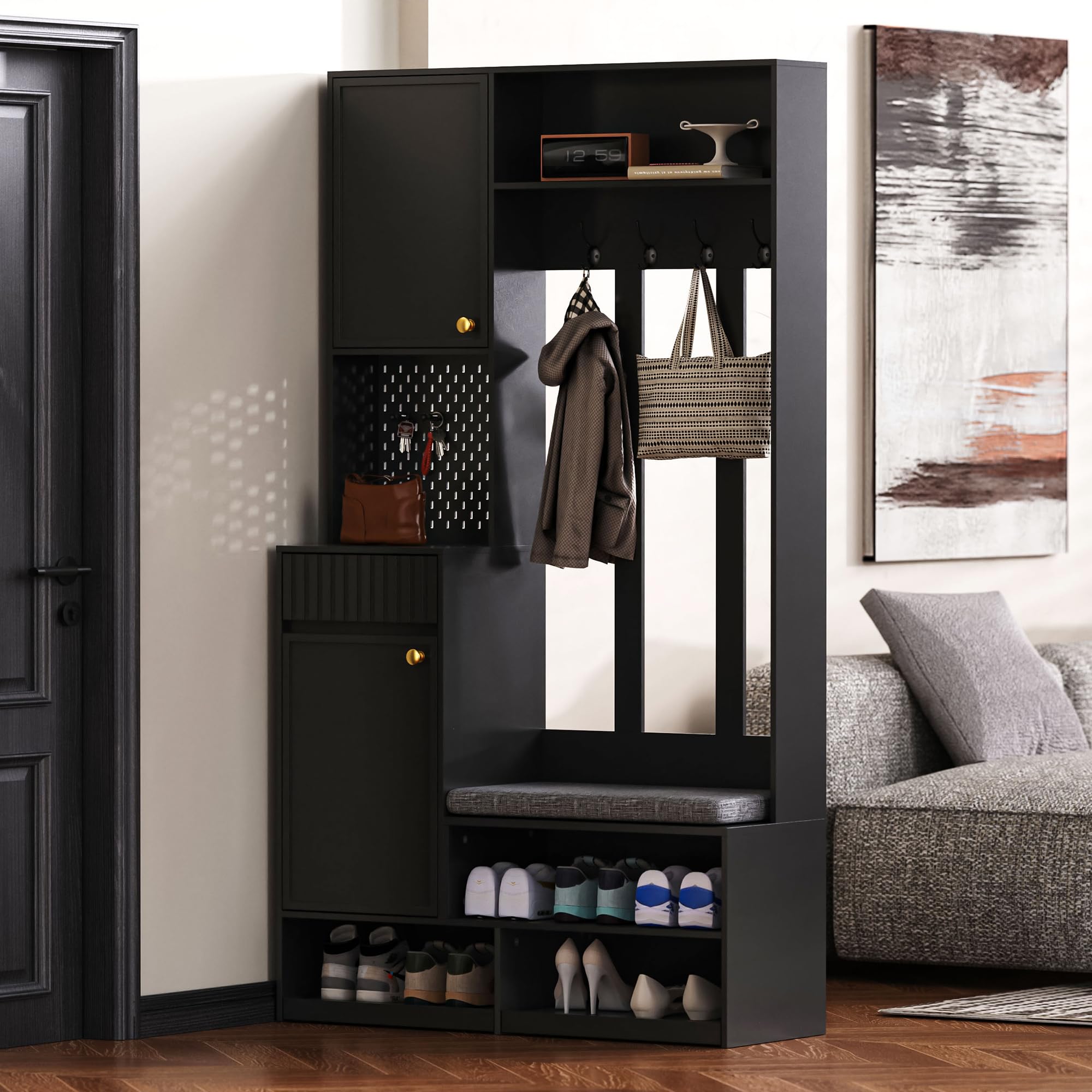 Meuble d'entrée 100x35x180cm, Penderie de Couloir avec Banc, Armoire à Chaussures, 4 Crochets, casier, 2 tiroirs, Panneau perforé Pratique, Porte-Manteau pour entrée (Noir-71S)