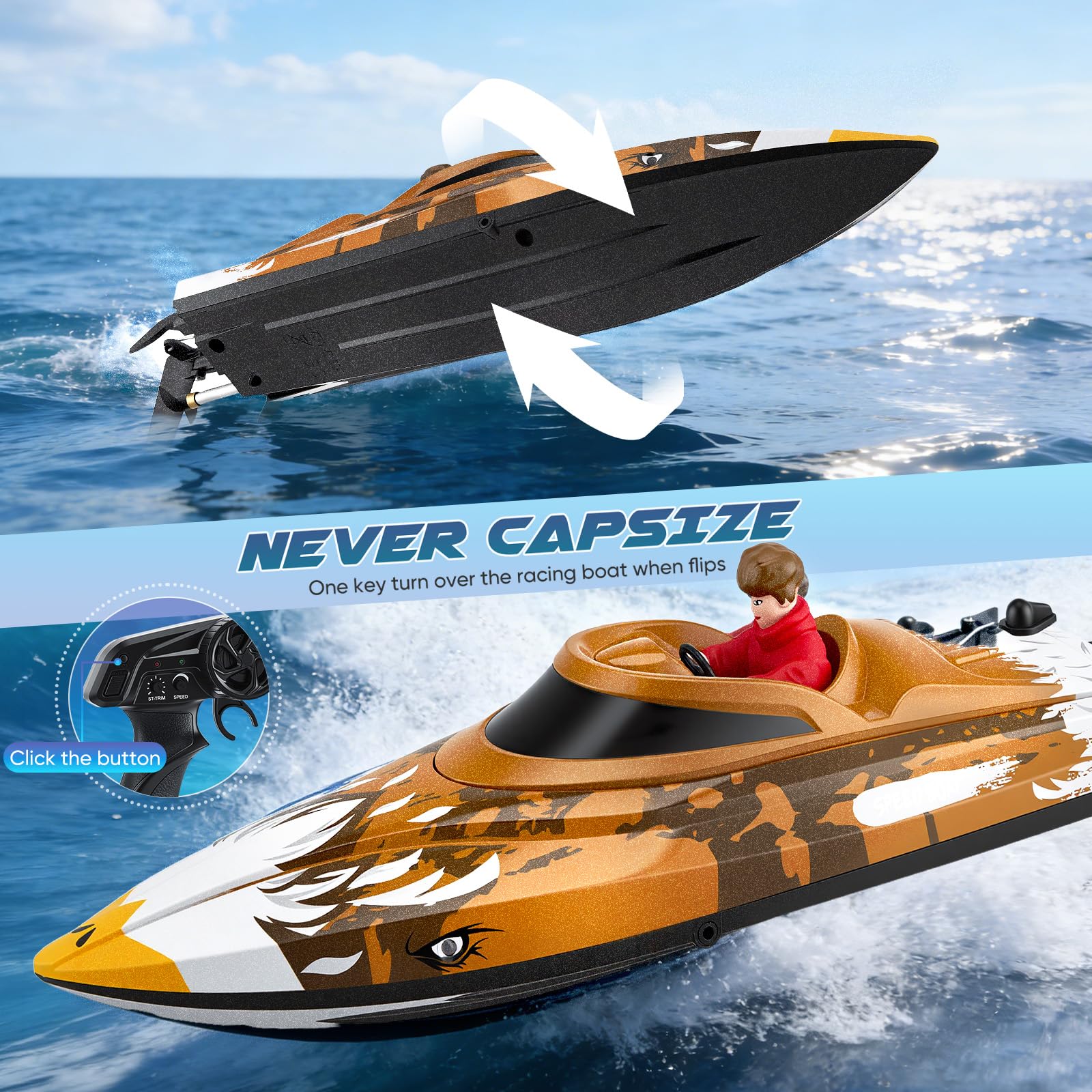 Bateau RC télécommandé 25 km/h - Bateau de course haute vitesse étanche avec 2 batteries et télécommande 2,4 GHz pour piscine, lac et étang - Pour enfants et adultes (Marron)