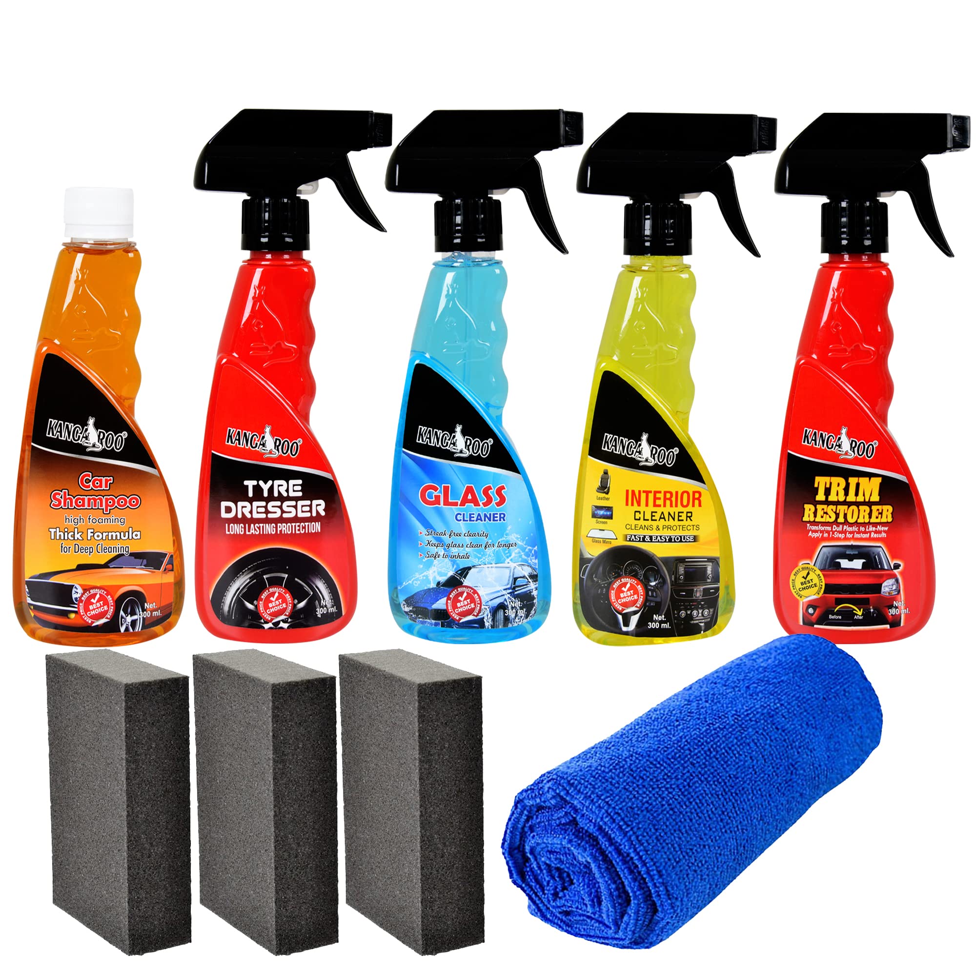 Kangaroo® Premium Large Car Care Kit Contains Car Shampoo | Tyre Dresser | Glass Cleaner | Interior Cleaner | Trim Restorer Each 300 ml (All in One) Total Car Protection Kit
