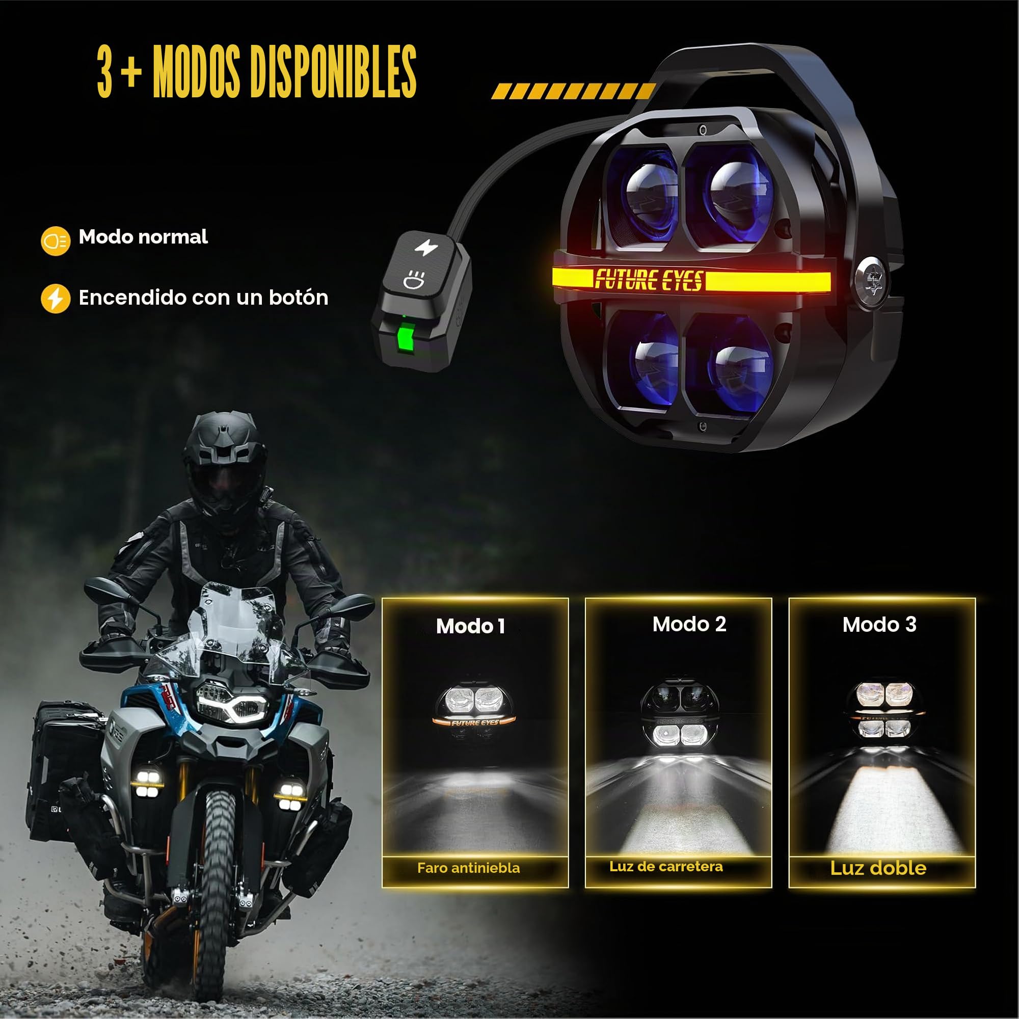 Future Eyes Faros LED para Moto Homologados ECE E-Mark E57, 180W 17500LM Faros Auxiliares, Luces Antiniebla IP67, Luces Exploradoras LED con Soporte 360° para Moto