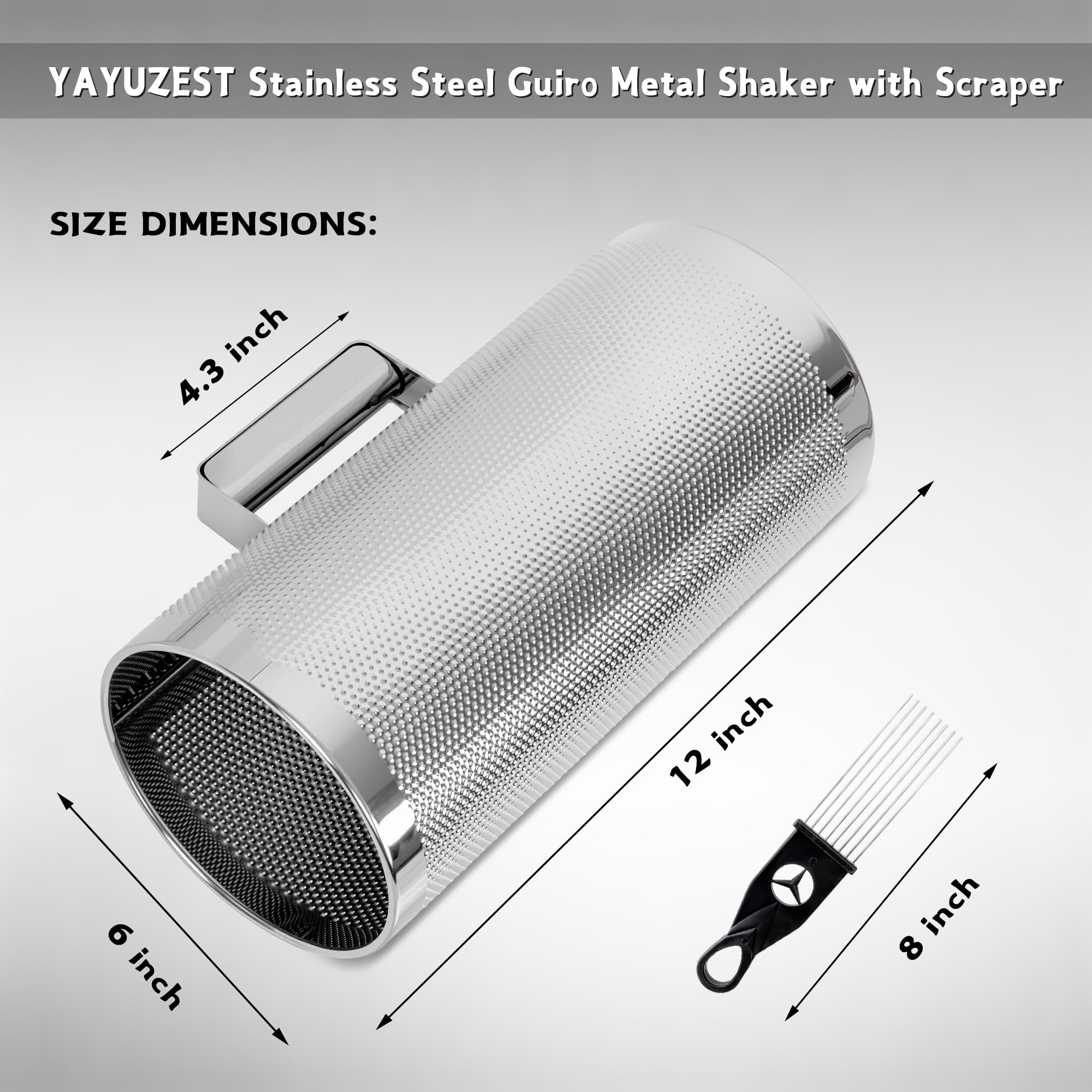 YAYUZEST Guiro Shaker Edelstahl Percussion Guiro Musikinstrumente mit Schaber (15,2 x 30,5 cm)