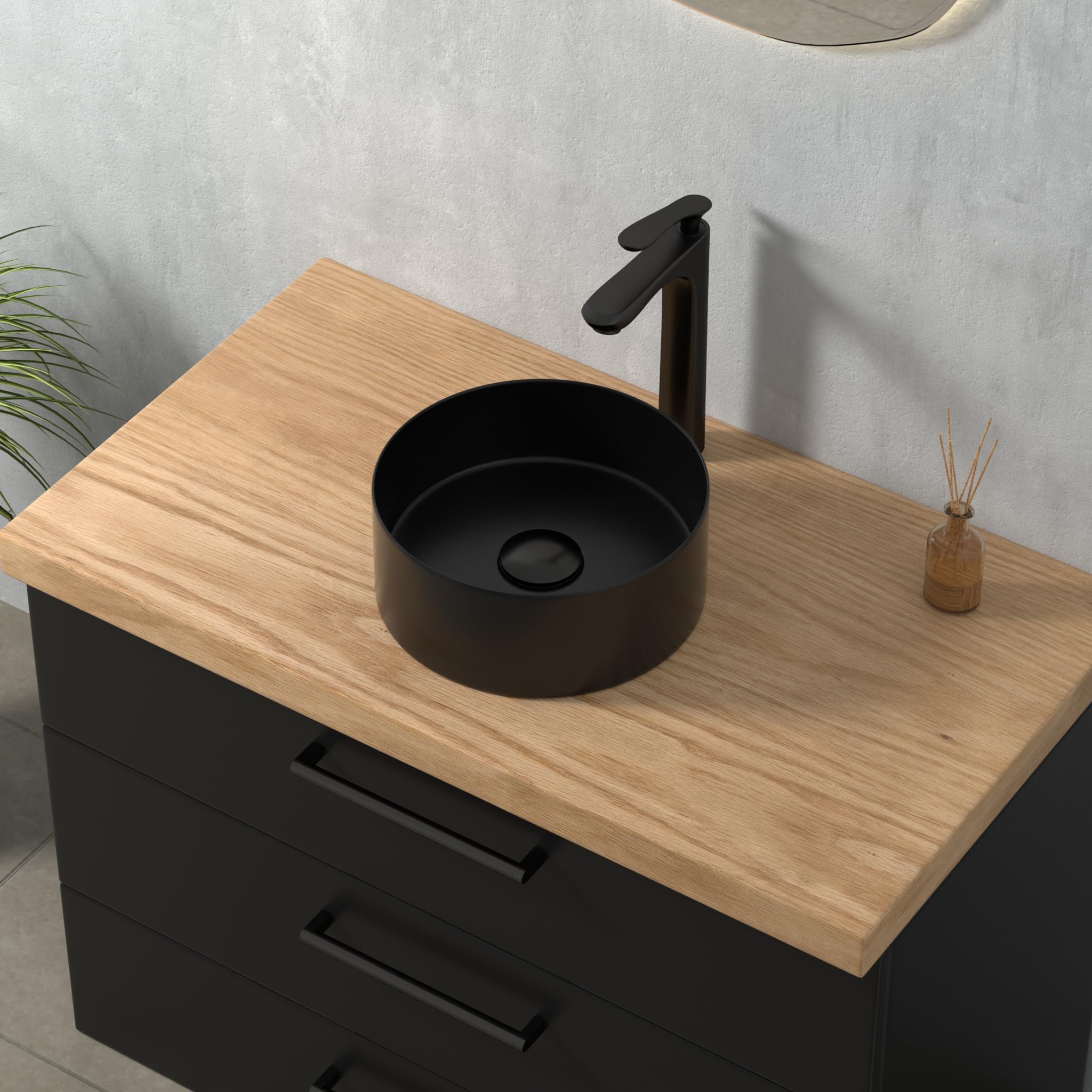 Lavabo rotondo, nero, mini lavabo a mano in elegante design facile da pulire, per bagno e WC degli ospiti (nero opaco, 30 x 30 x 12 cm)