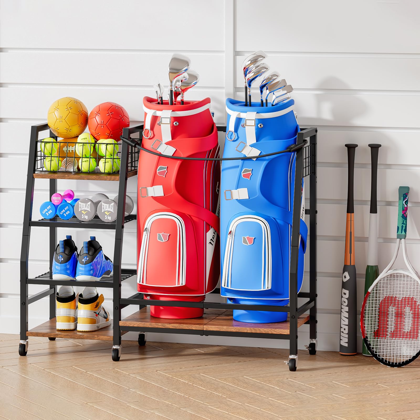 Support de Rangement pour Clubs de Golf avec roulettes, Organisateur Robuste pour Sacs de Golf, Grand Support pour Équipements de Golf, Meuble de Rangement pour Maison et Garage