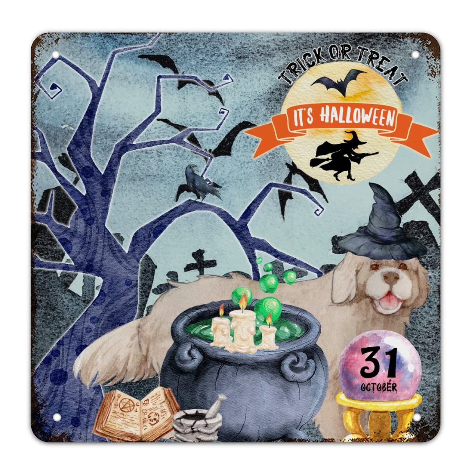 Signe en métal Halloween sorcière, Bull Terrier et cimetière effrayant rustique