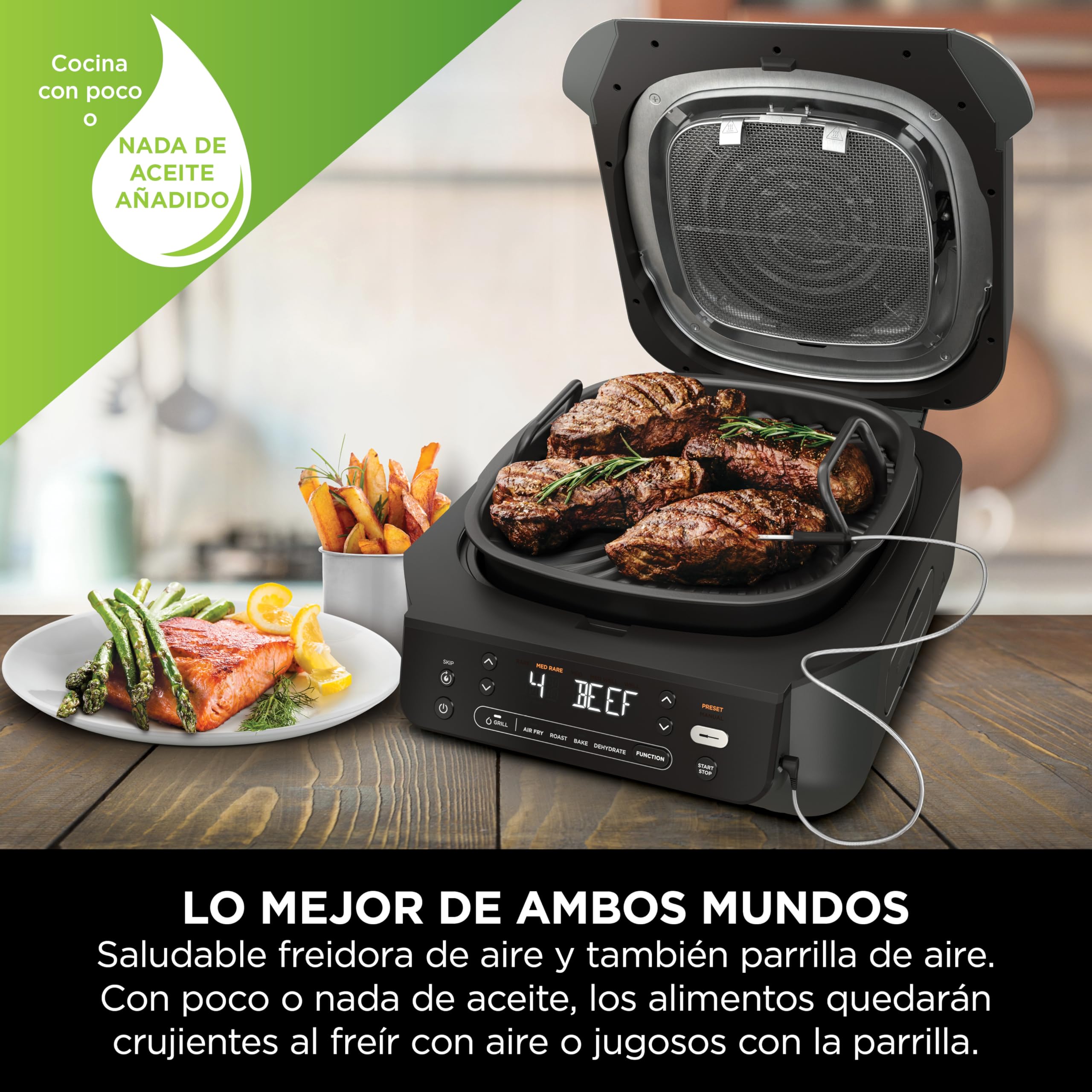 Ninja 5 en 1 Freidora de aire y parrilla de interior, 5 funciones de cocción sin humo, cocina hasta 4 hamburguesas, capacidad de 5,7 l, incluye termómetro digital para carne, negro/plata, EG351EU