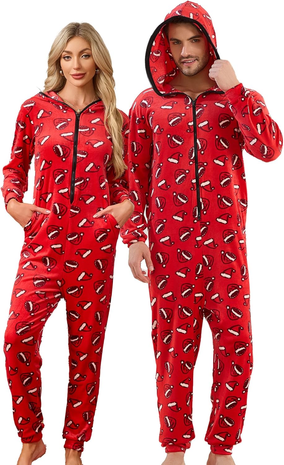 U2SKIIN Matching Pajamas for Couples Onesie, Ultra Soft Plaid Hooded Pjs Set Christmas Zipper for Men and Women Warm Jumpsuit