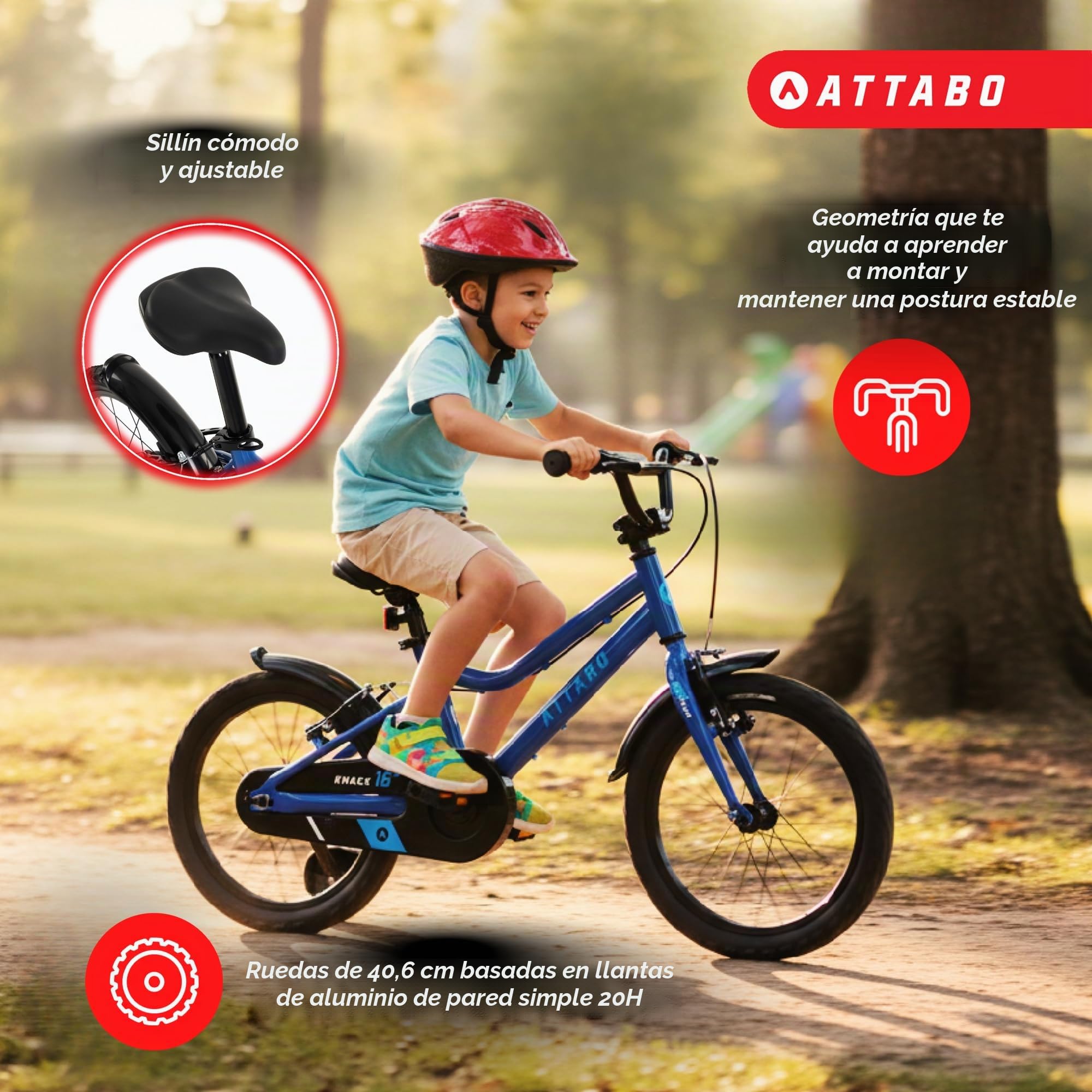 ATTABO Knack 16 - Bicicleta Infantil (5-7 años) con Cuadro de Aluminio Ligero (9 kg), Ruedas de 16 Pulgadas, para 110-120 cm, Manillar ergonómico, Estable y Ligero, Ideal para el Aprendizaje