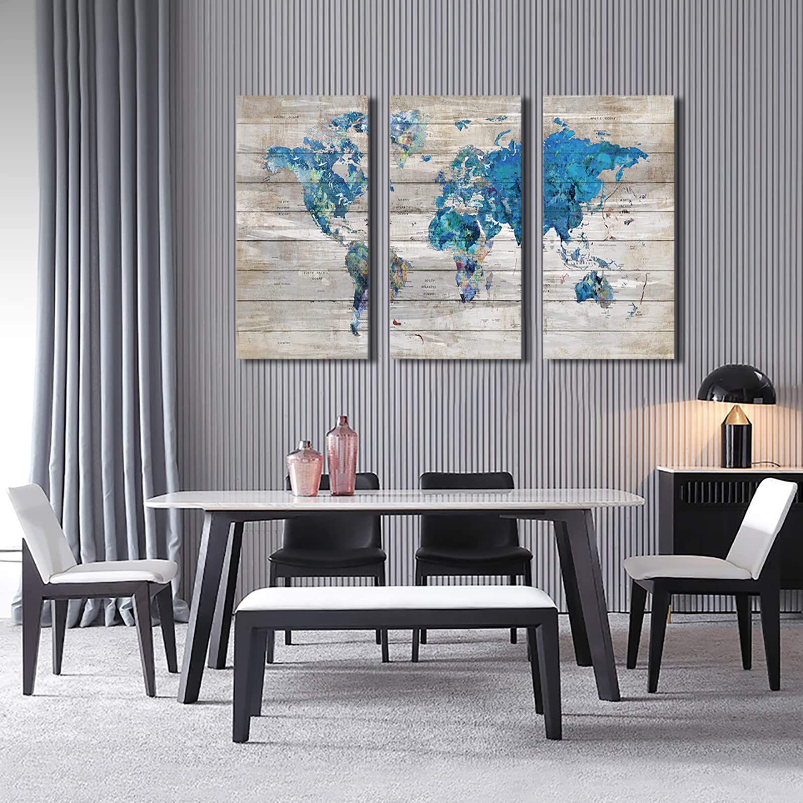 Large World Map Canvas Wall Art for Living Room Framed Wall Decor Watercolor World Map Gray Background Theme Picture Artwork Modern Bedroom Wall Decoration 20x40 inche Each Panel Ready to Hang