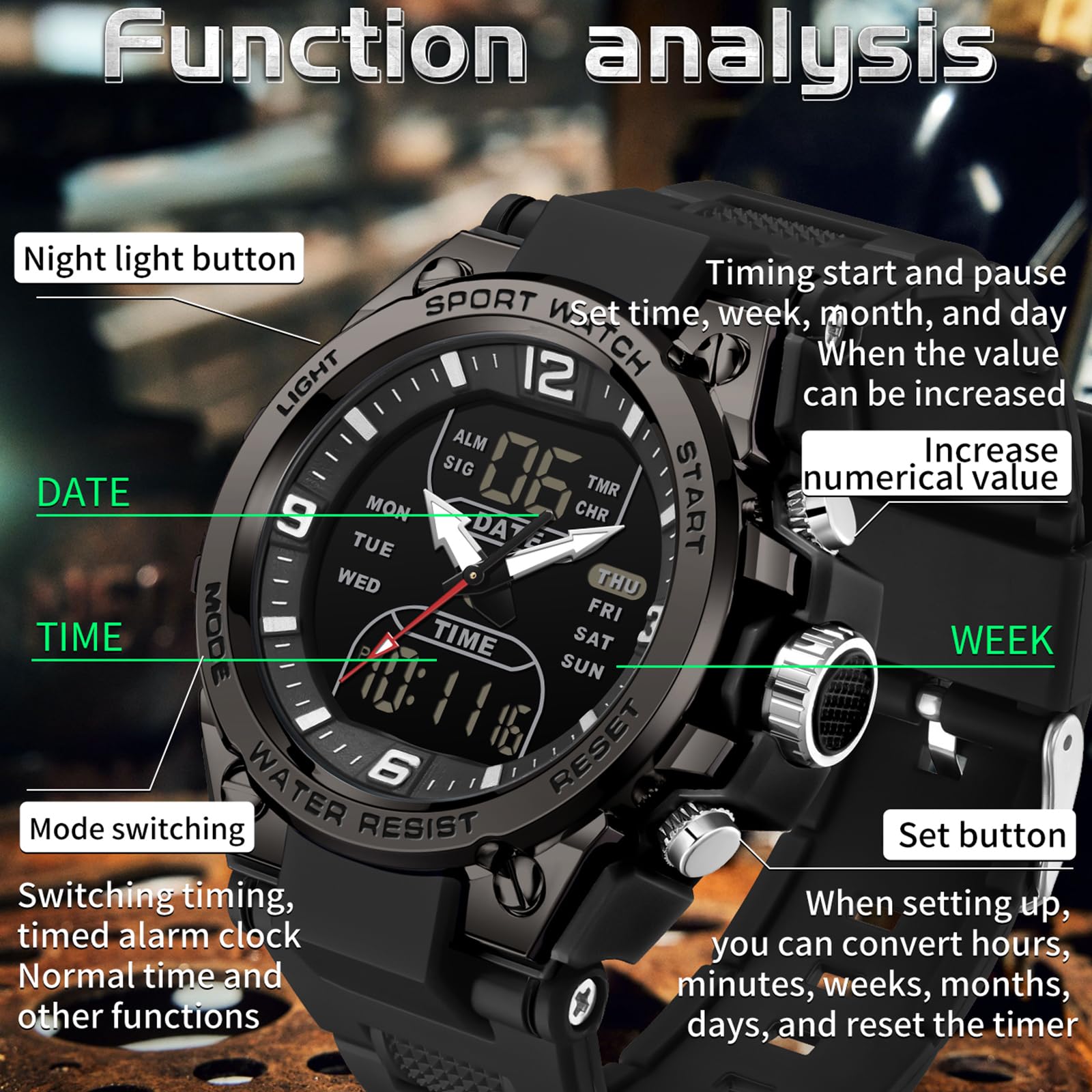 Orologio da polso da uomo, digitale, sportivo, impermeabile, militare, con display a LED, lancette analogiche e numeri digitali, Nero , cinghia