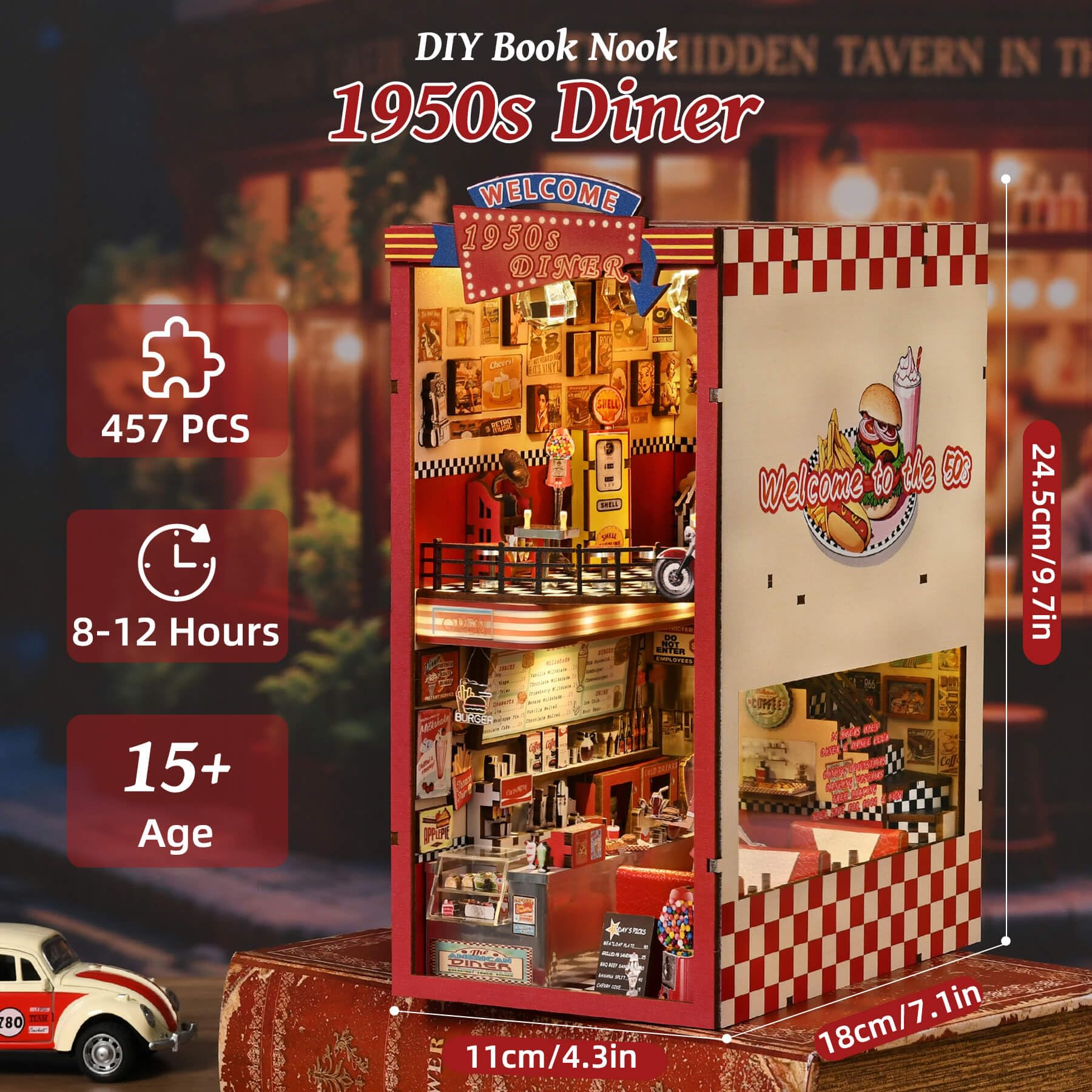 fifijoy Book Nook Kit - DIY Miniaturhaus Puppenhaus Kit für Erwachsene und Jugendliche, Booknook Retro Diner Bücherregal Dekor 3D Holzpuzzle mit LED-Licht, Geschenke für Familie und Freunde (1950er